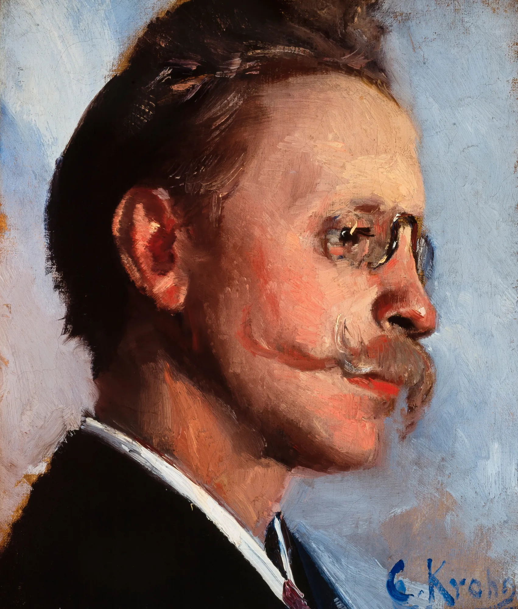 Otto Benzon Otto Benzon by Christian Krohg. A side profile oil portrait of a man with spectacles and a prominent mustache against a pale blue background.