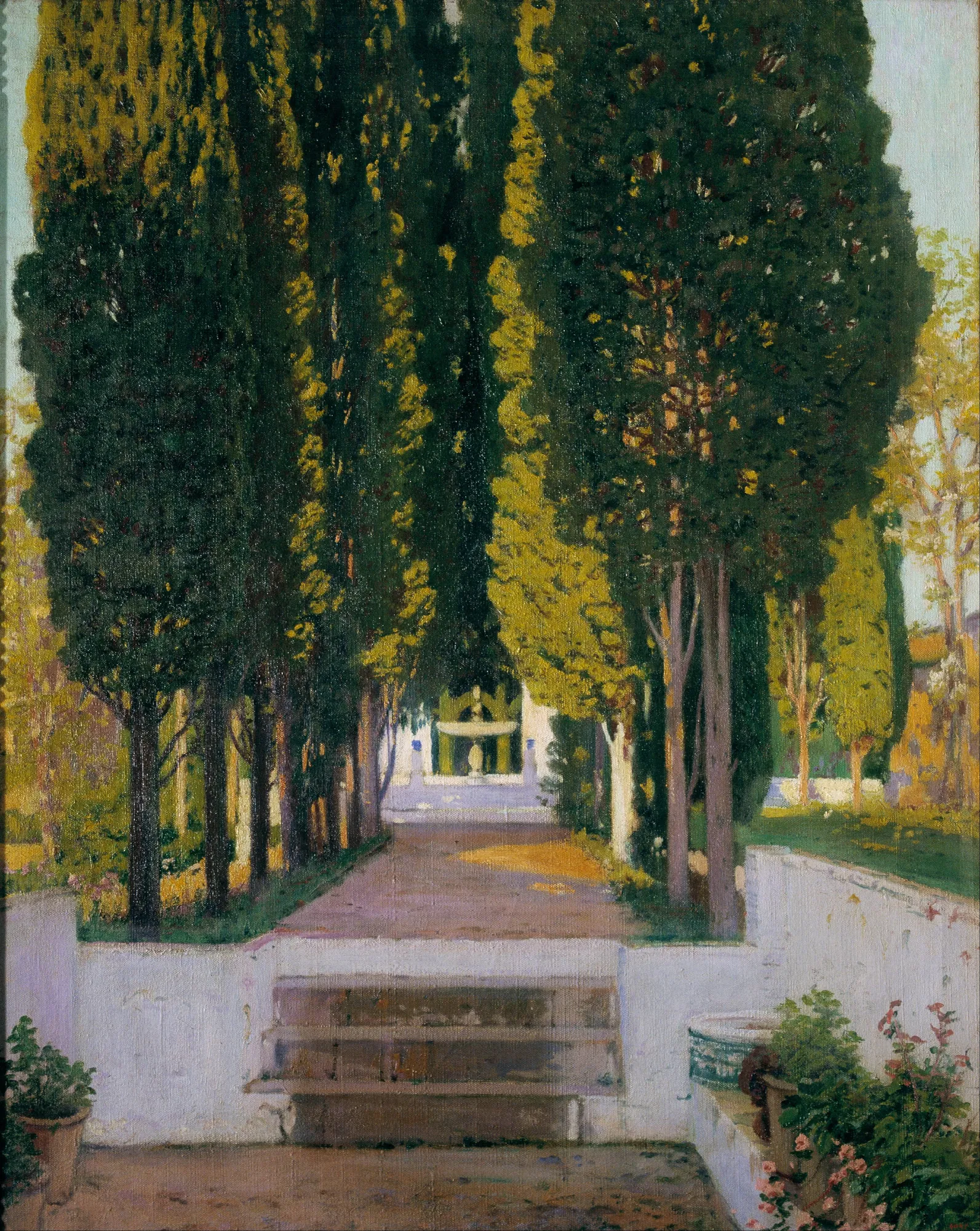 Gardens of the Generalife Gardens of the Generalife by Santiago Rusiñol i Prats. A sunlit path flanked by towering cypress trees leads to a distant white fountain in a lush Mediterranean garden.