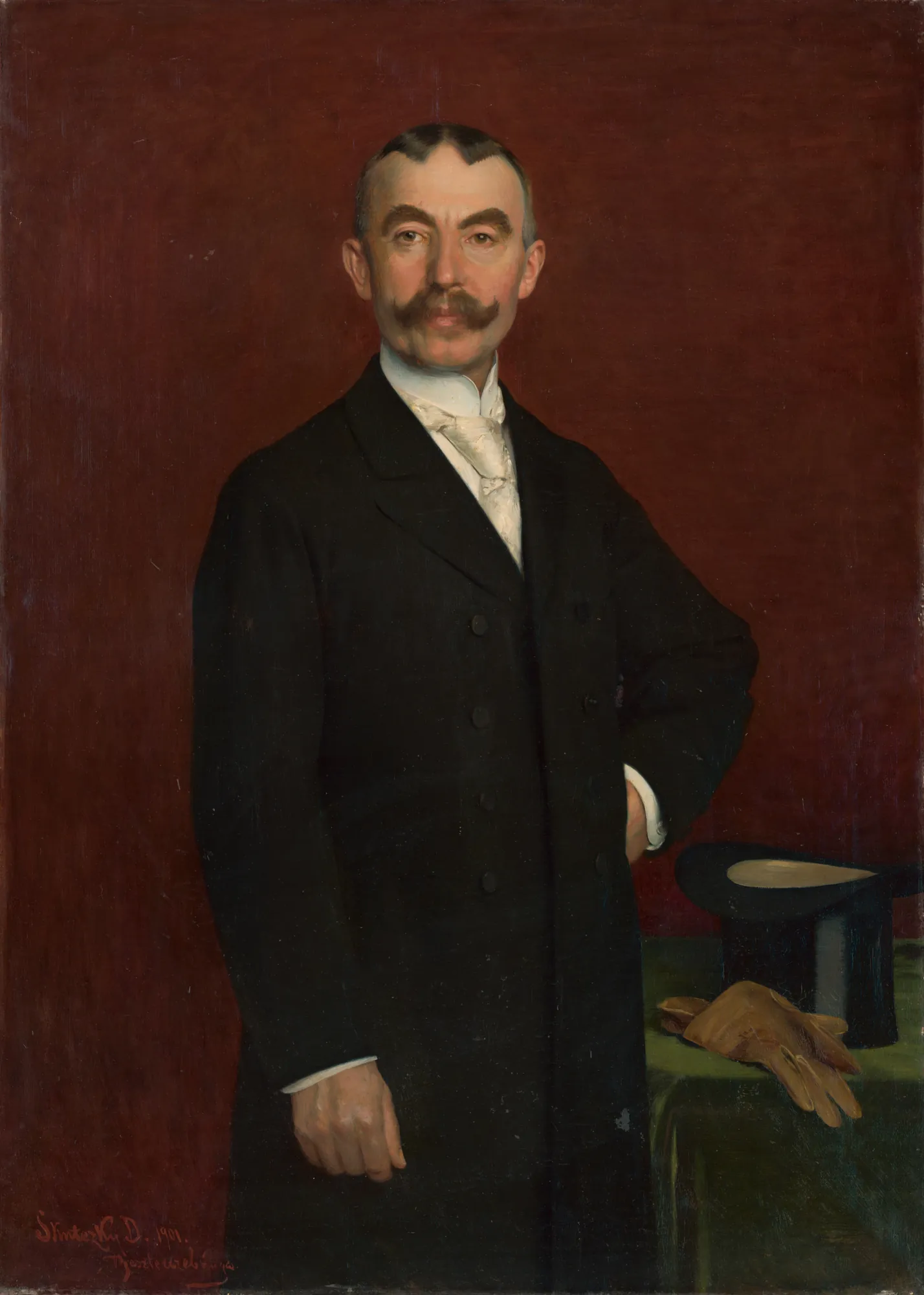Portrait of Ján Slivka Portrait of Ján Slivka by Döme Skuteczky. A three-quarter length oil portrait of a distinguished gentleman with a large handlebar mustache, wearing a black formal coat and white tie against a deep burgundy background.