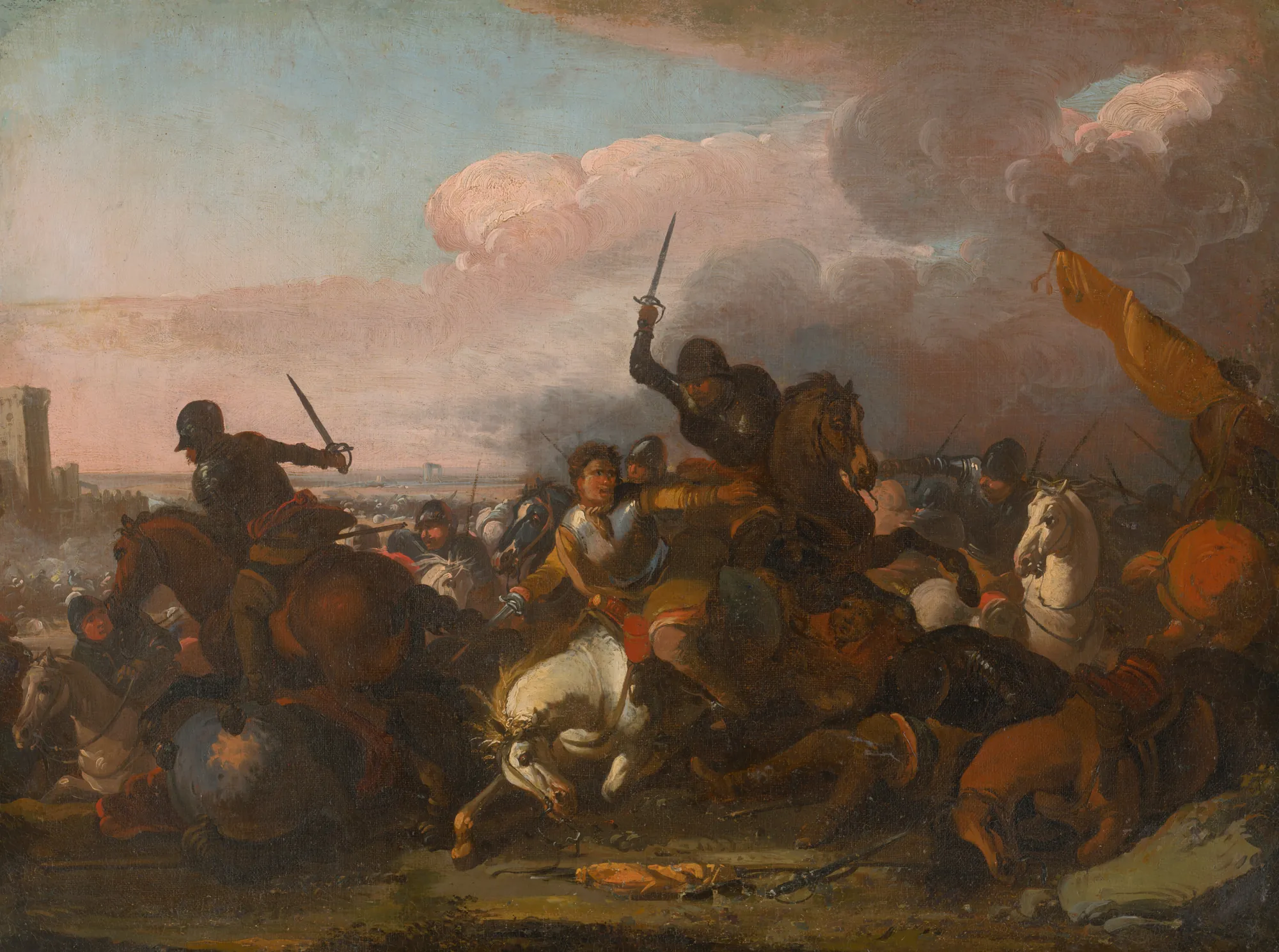 Cavalry Battle III Cavalry Battle III by August Querfurt. An 18th-century oil painting depicting a chaotic clash of soldiers on horseback amidst thick clouds of dust and smoke.