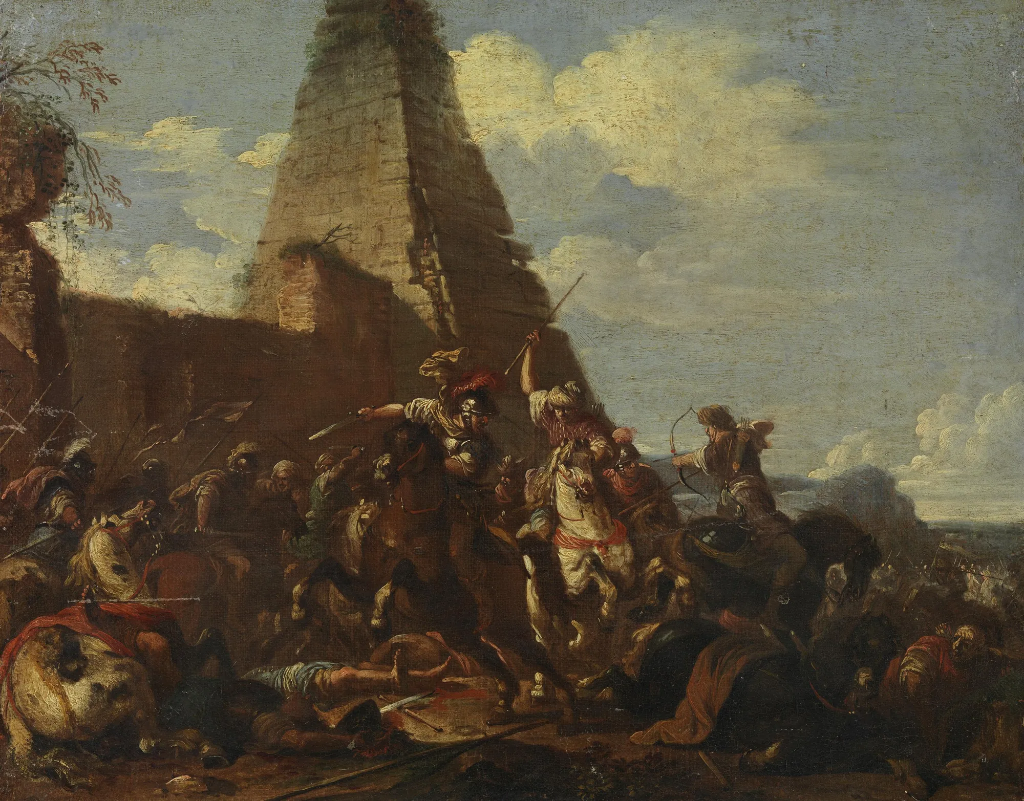 Equestrian Battle Before a Pyramid Equestrian Battle Before a Pyramid by Jacques Courtois. A dynamic cavalry engagement takes place in a dusty landscape before a large, crumbling stone pyramid under a cloudy sky.