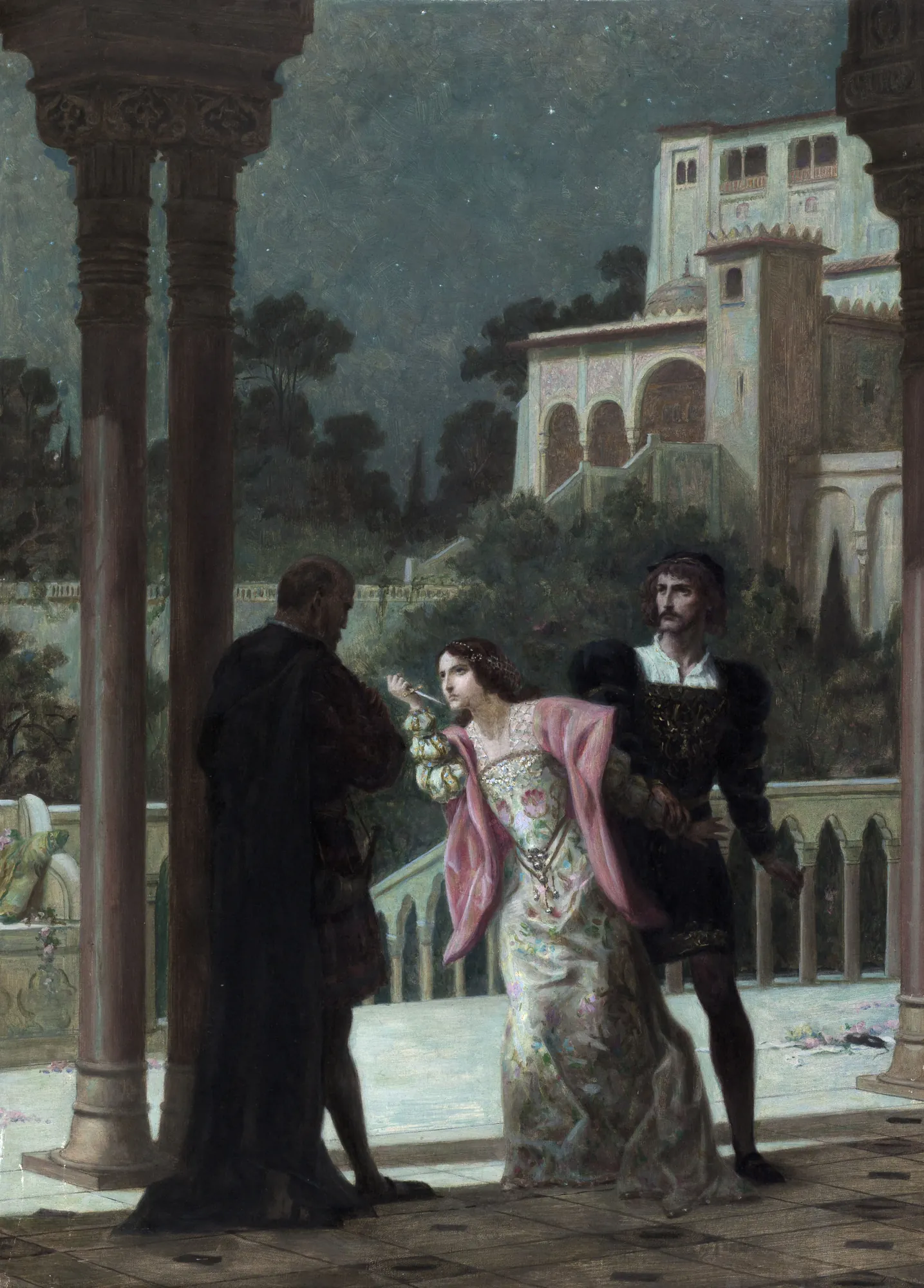 Hernani, Act V Hernani, Act V by Louis Édouard Fournier. A dramatic moonlit scene from Victor Hugo's play featuring three figures in Renaissance attire on a Spanish terrace with Moorish architecture.