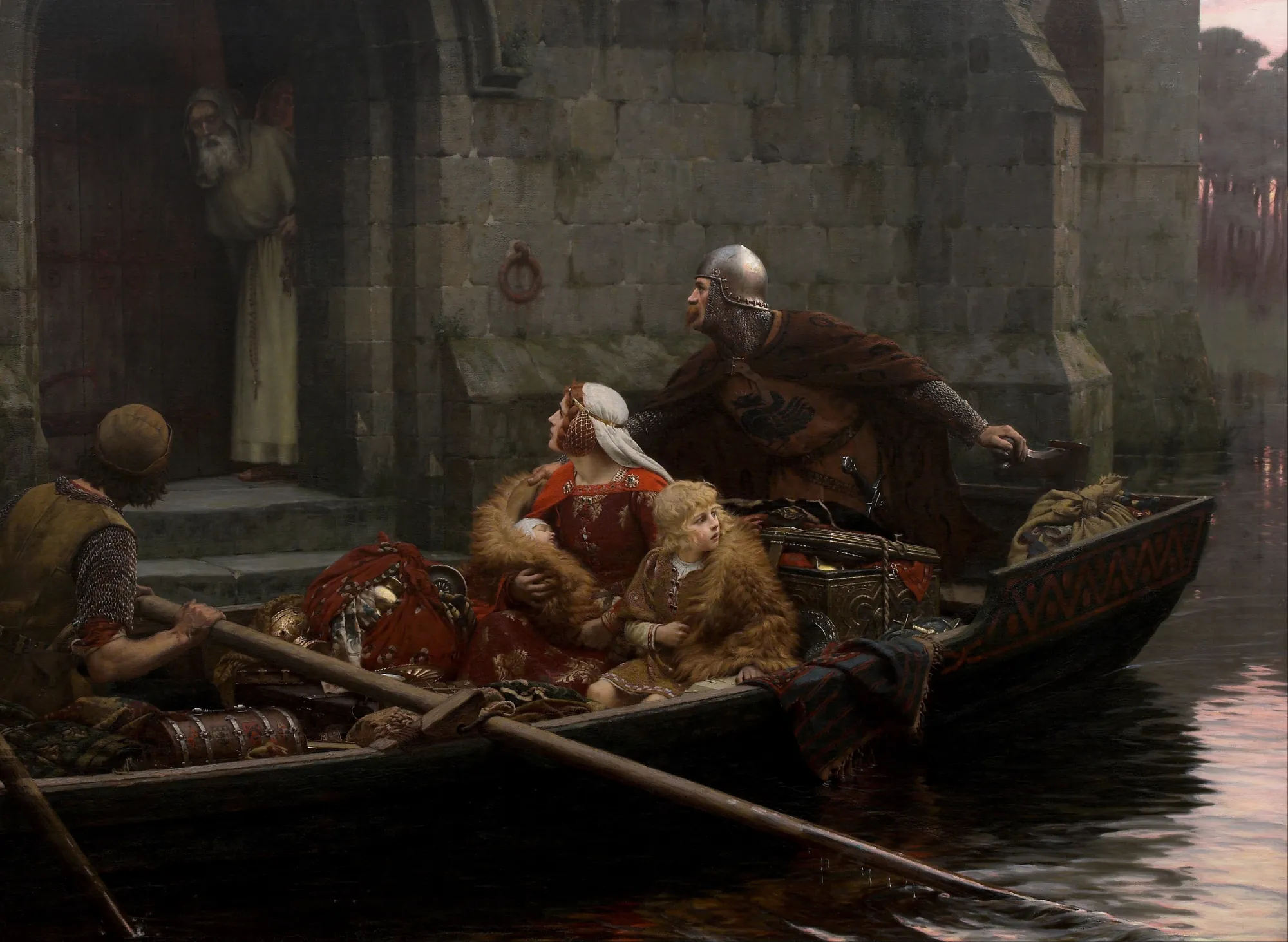 In Time of Peril In Time of Peril by Edmund Blair Leighton. A medieval family escapes in a small boat laden with treasures, arriving at the stone steps of a monastery where a monk awaits.