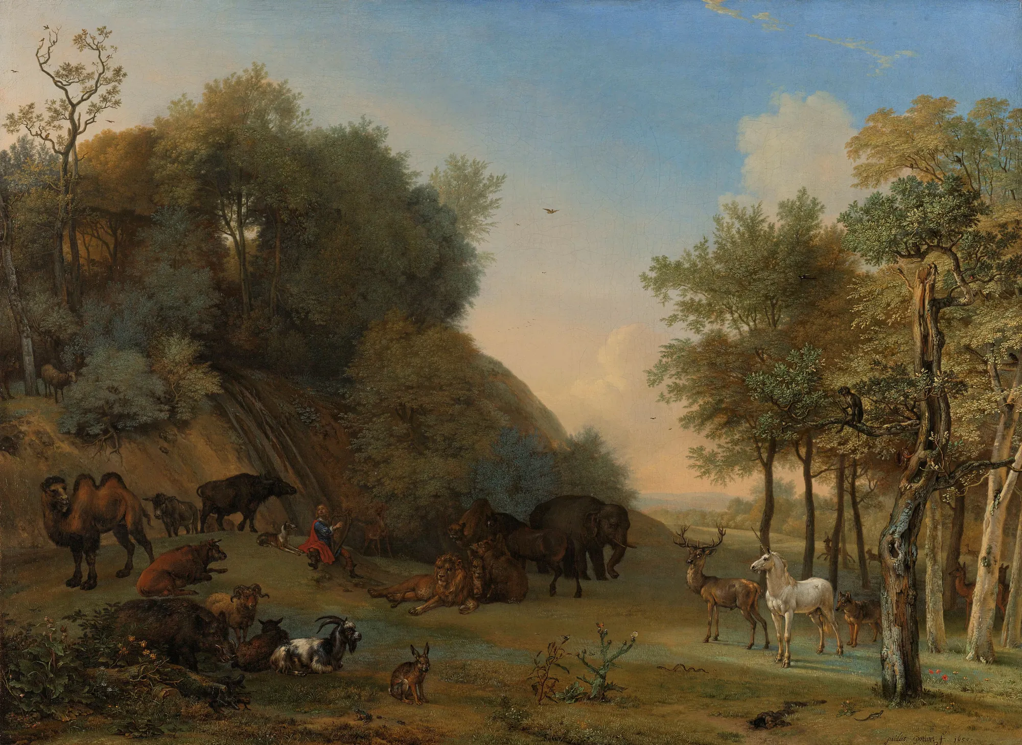 Orpheus and the Animals Orpheus and the Animals by Paulus Potter. A dense gathering of exotic and domestic animals, including a unicorn, listens to the mythological figure Orpheus playing his lyre in a wooded landscape.