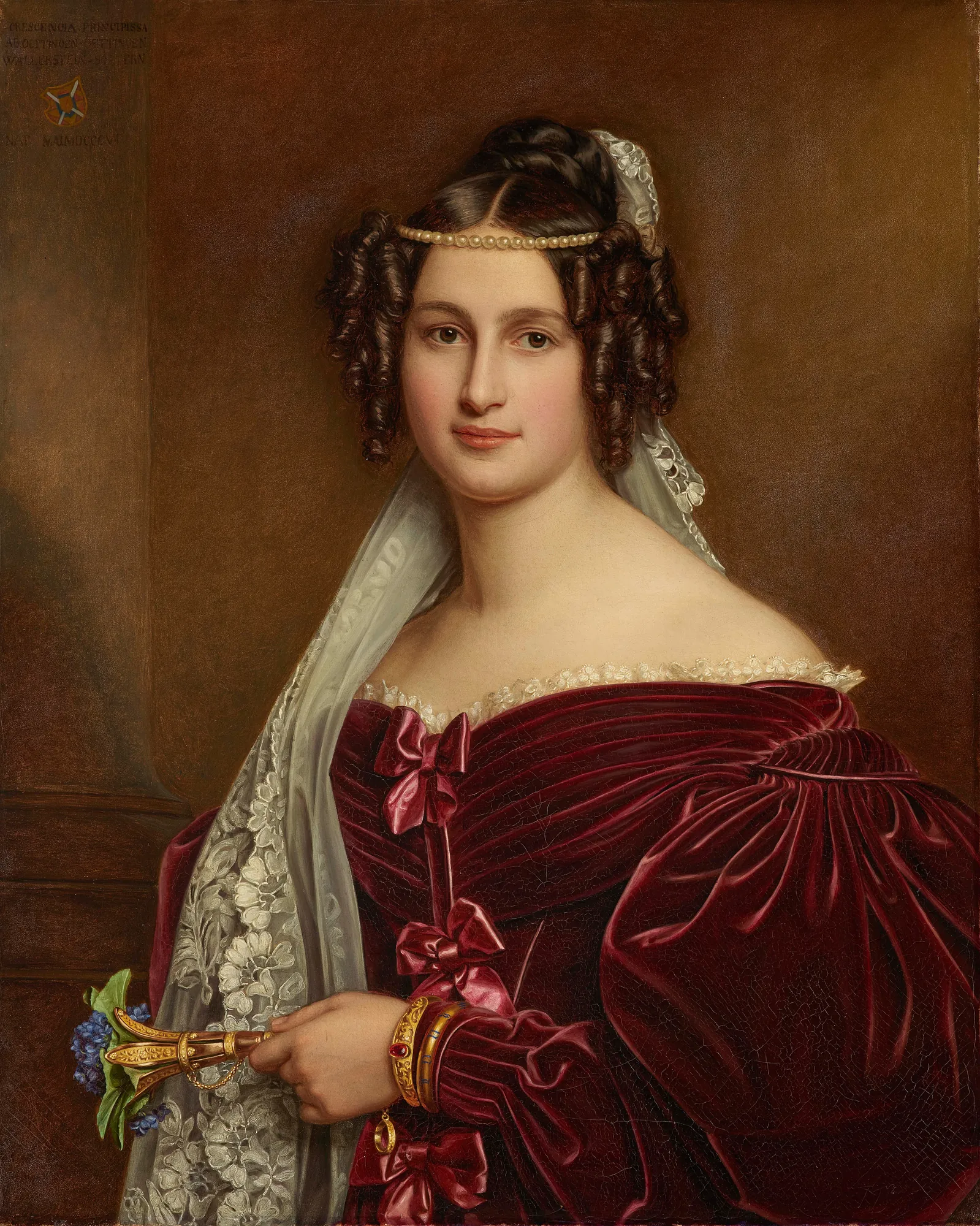 Portrait of Crescentia Bourgin Portrait of Crescentia Bourgin by Joseph Karl Stieler. A portrait of a young woman with dark ringlets wearing a rich burgundy velvet dress and a lace veil, holding a small bouquet of blue flowers.
