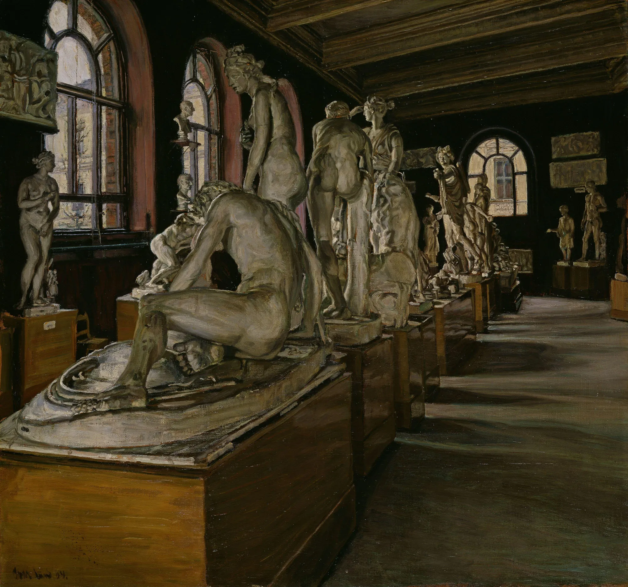 Interior of the National Gallery, Oslo Interior of the National Gallery, Oslo by Ivar Lund. An atmospheric oil painting of a museum gallery interior, featuring numerous classical white marble sculptures illuminated by soft light from large arched windows against dark walls.