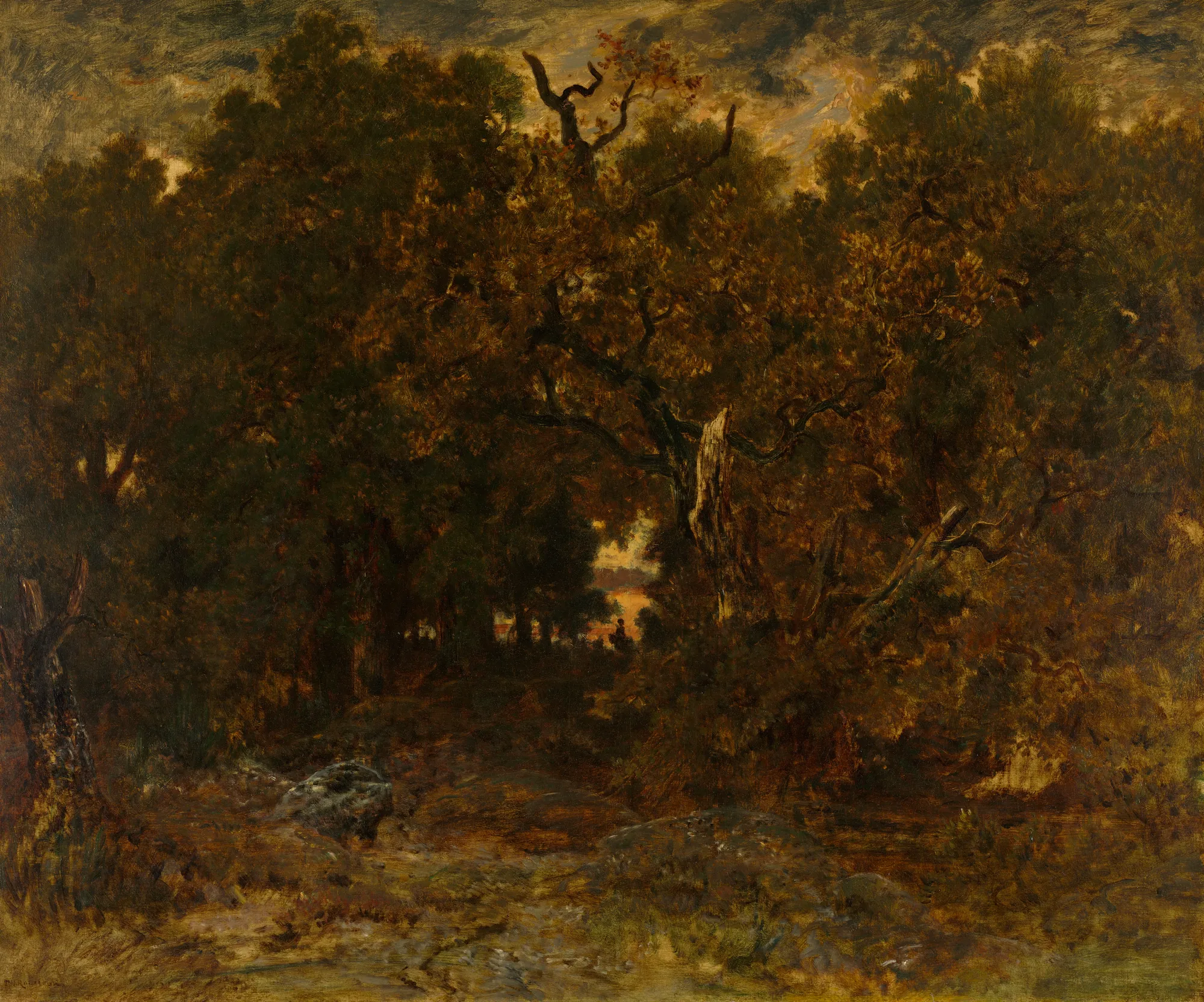 Leaving the Forest, Fontainebleau: Setting Sun Leaving the Forest, Fontainebleau: Setting Sun by Théodore Rousseau. A dense woodland scene at dusk featuring large, gnarled oak trees with a small opening showing the distant glow of a setting sun.
