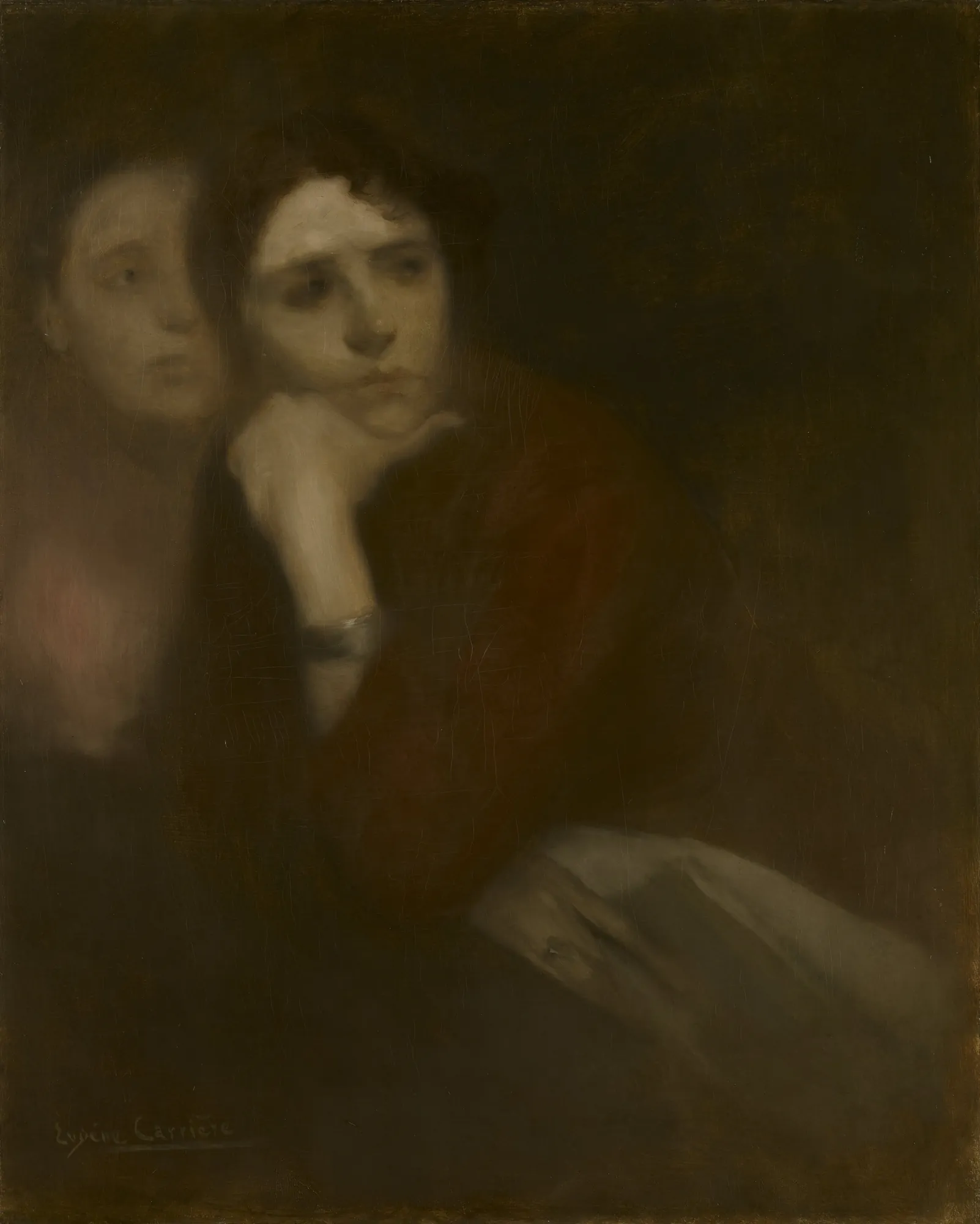 Two Women Two Women by Eugène Carrière. A monochromatic Symbolist painting of two women emerging from a dark, misty background, with one figure resting her chin on her hand.