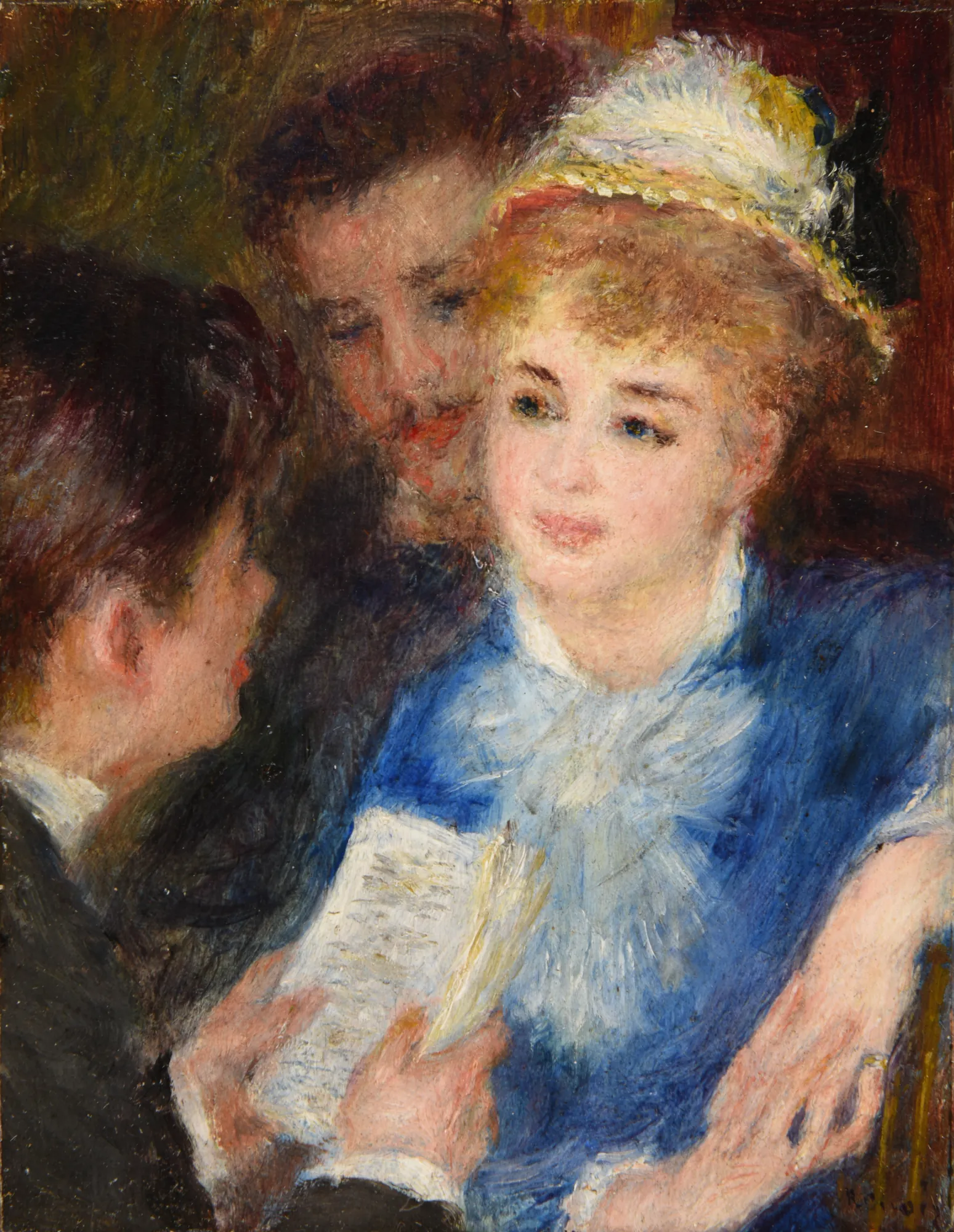 La Lecture du rôle La Lecture du rôle by Pierre-Auguste Renoir. An Impressionist painting depicting a woman in a blue dress and feathered hat listening to a figure reading from a script.