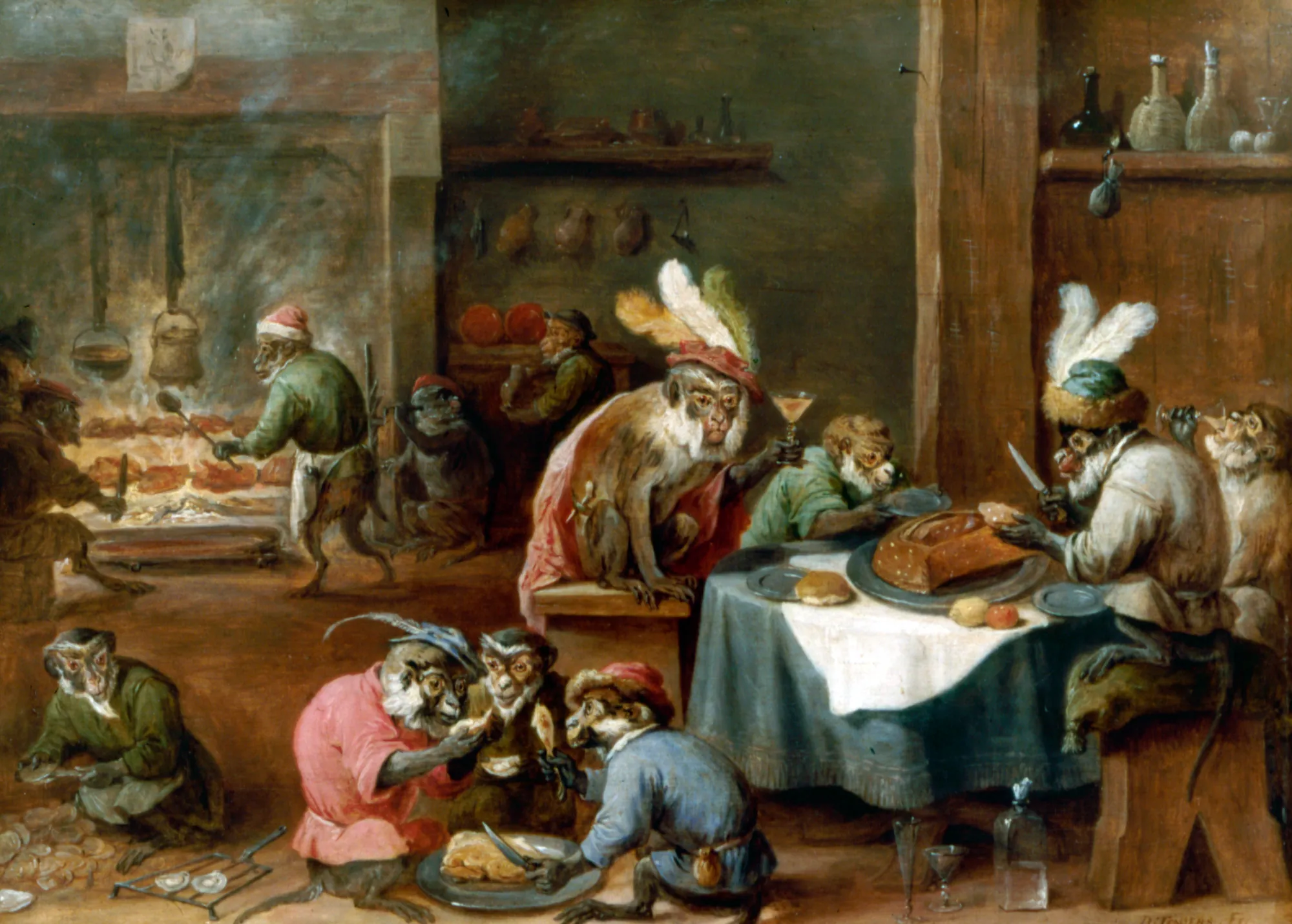 Monkeys Having a Meal in a Kitchen