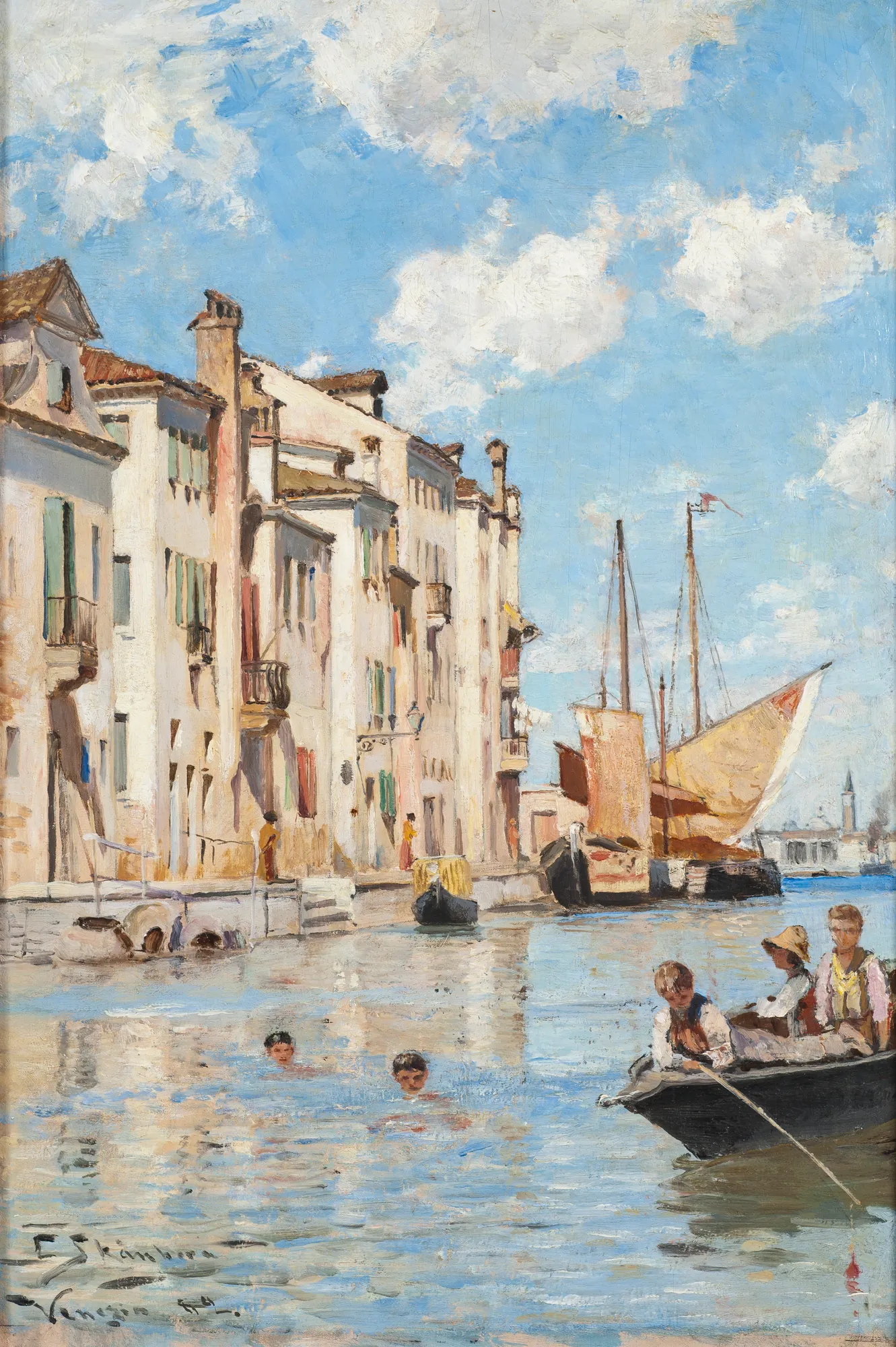 Children Bathing Children Bathing by Carl Skånberg. Children swim and boat in a sunlit Venetian canal lined with historic multi-story buildings and sailboats.