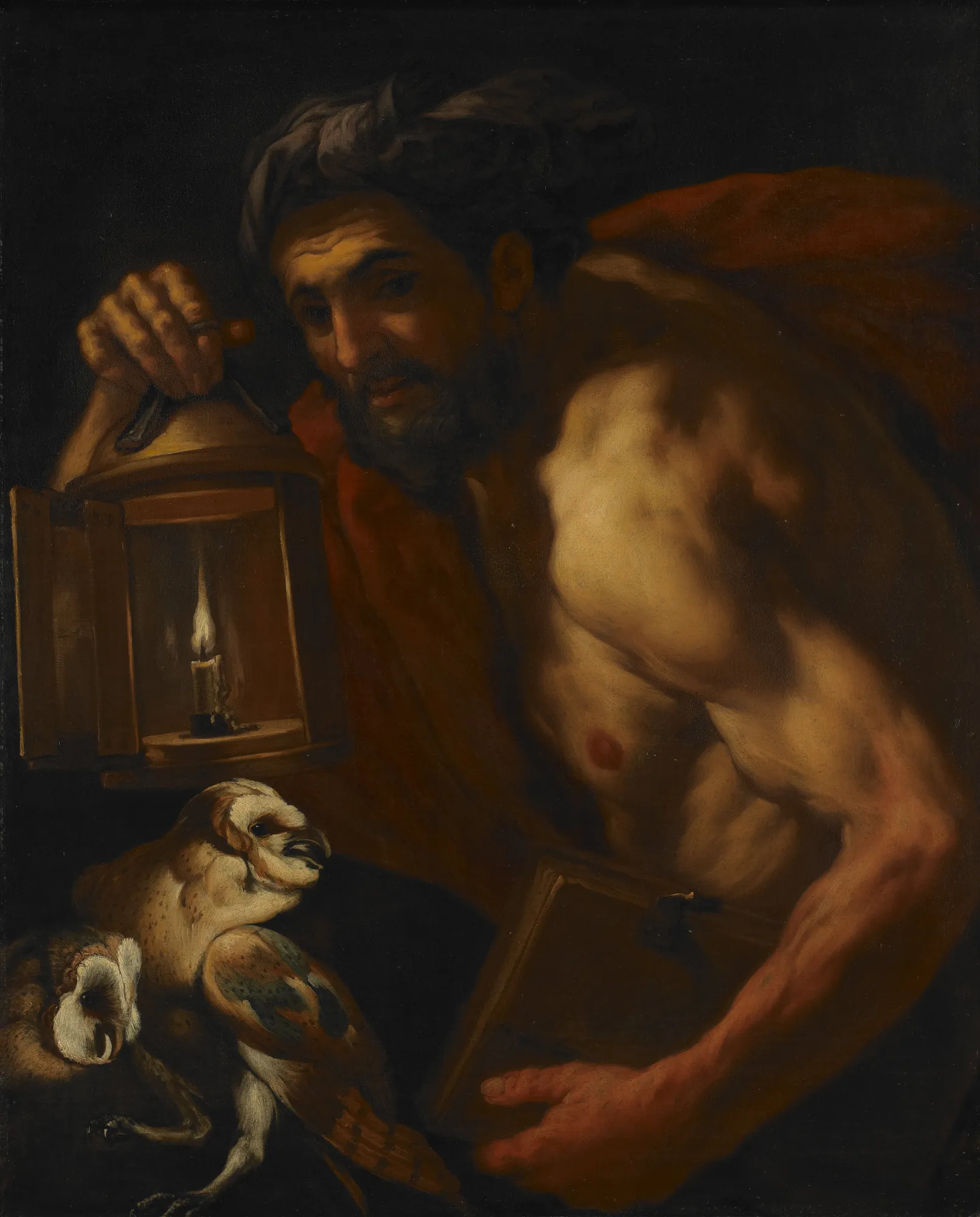 Diogenes Diogenes by Johann Carl Loth. A muscular, bearded man holding a candle-lit lantern gazes forward alongside two owls and a large book.