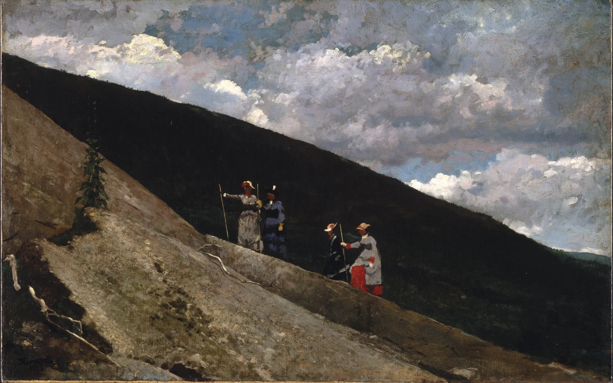 In the Mountains In the Mountains by Winslow Homer. Four women in Victorian attire hike up a steep, rocky mountain ridge under a dramatic, cloud-filled sky.