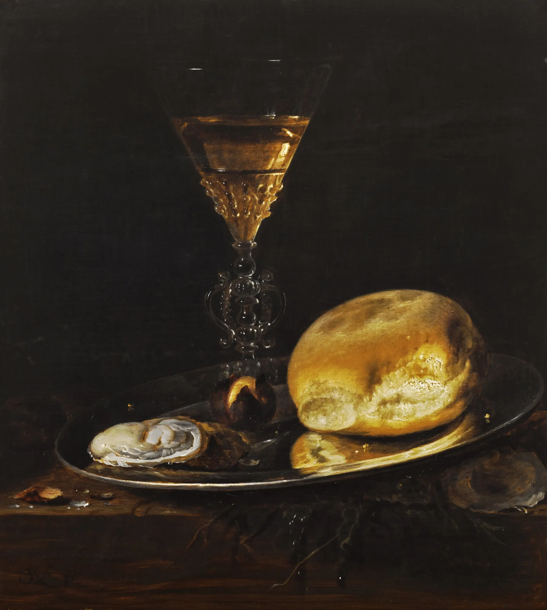 Still Life with Façon de Venise Wine Glass, Bread, and Oyster