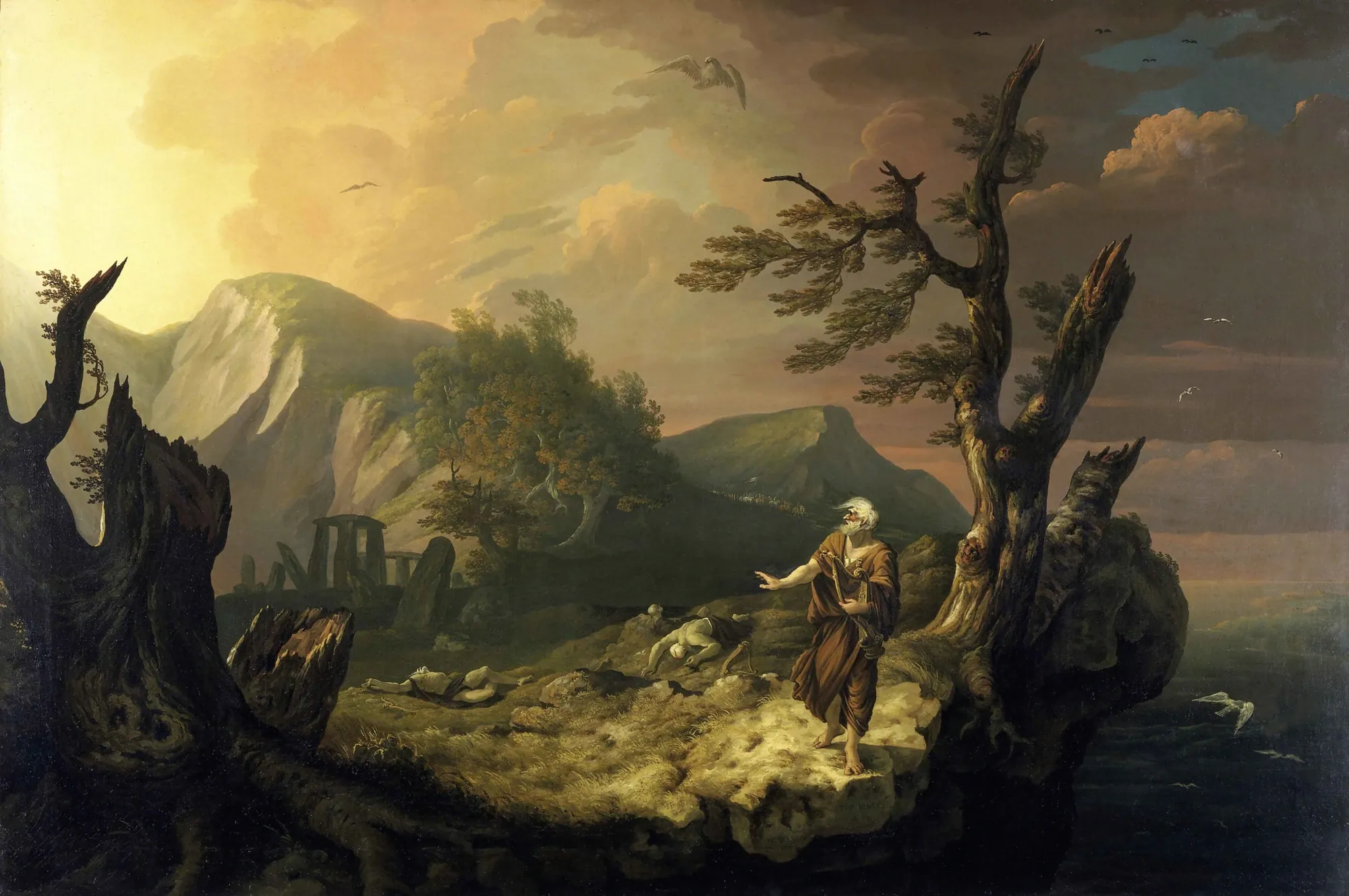 The Bard The Bard by Thomas Jones. A lone figure with a harp stands on a rugged rocky outcrop overlooking a vast mountain landscape under a turbulent, golden sky.