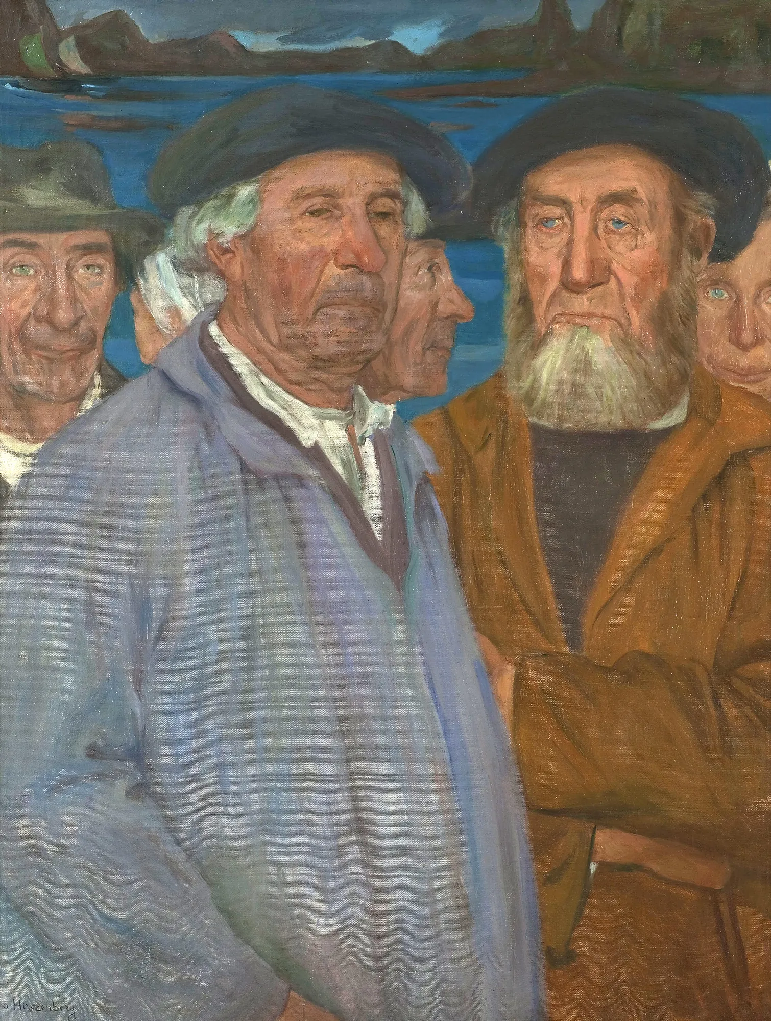 The Fishermen (Rybacy) The Fishermen (Rybacy) by Leon Hirszenberg. A group of weathered men in caps and work coats stand together against a deep blue maritime background.