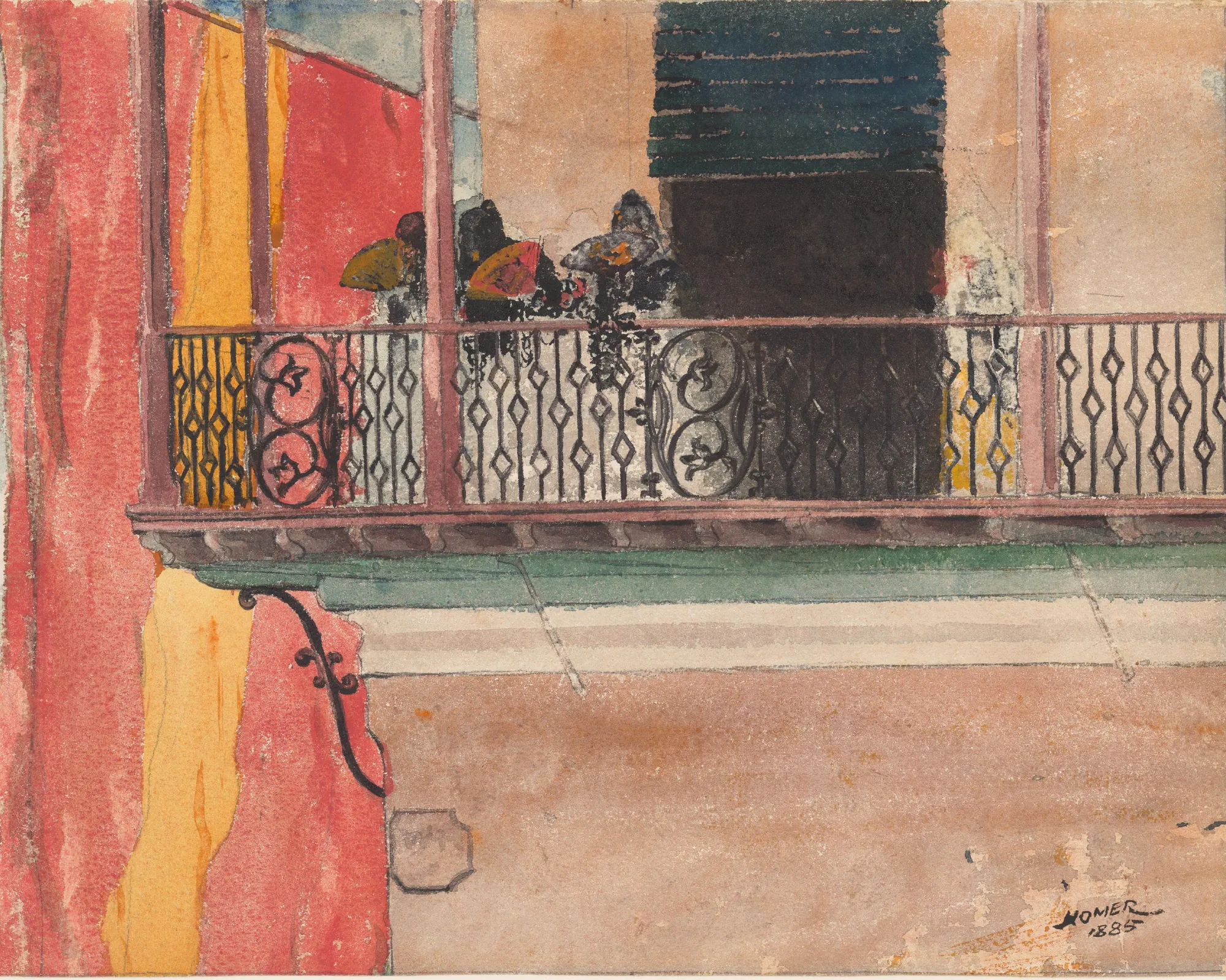 Spanish Flag, Santiago de Cuba Spanish Flag, Santiago de Cuba by Winslow Homer. A vibrant watercolor study of a wrought-iron balcony in Santiago de Cuba, featuring a large, bold Spanish flag draped on the left.