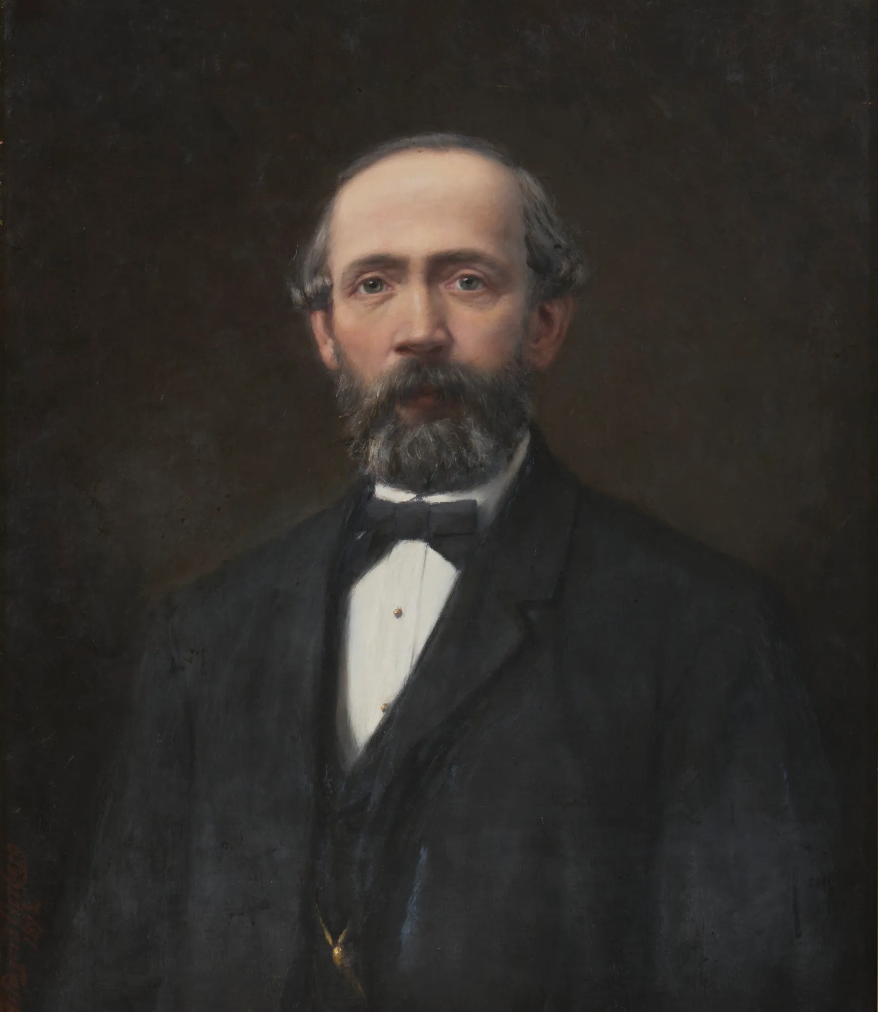 Mr. Johan Henrik Scharp Mr. Johan Henrik Scharp by Hildegard Norberg. A waist-up oil portrait of a middle-aged man with a graying beard and dark suit against a dark, atmospheric background.