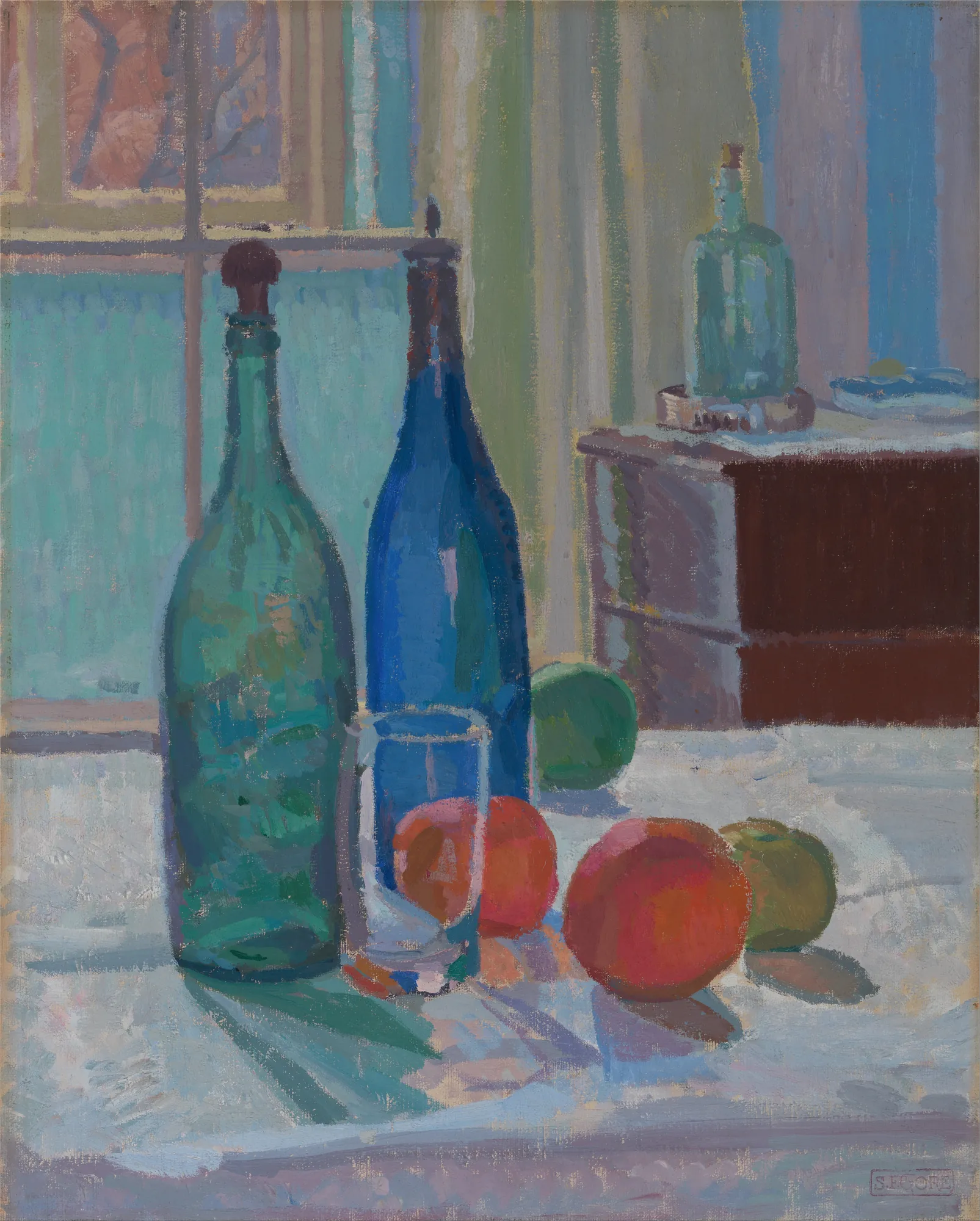 Blue and Green Bottles and Oranges