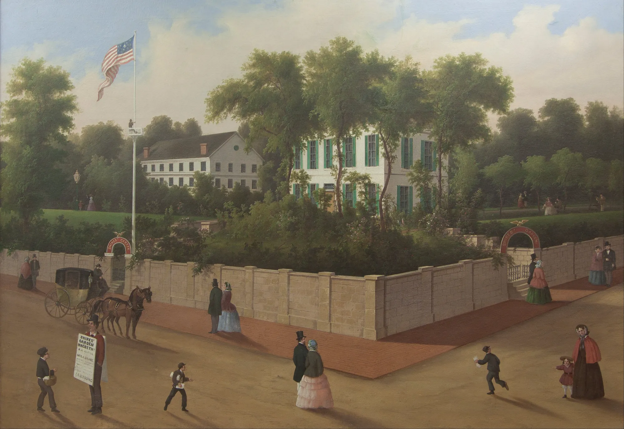 Shires' Garden Shires' Garden by Thomas B. Glessing. A detailed 19th-century street scene in Cincinnati featuring a grand white building with green shutters, a high stone wall, and various figures in period attire.