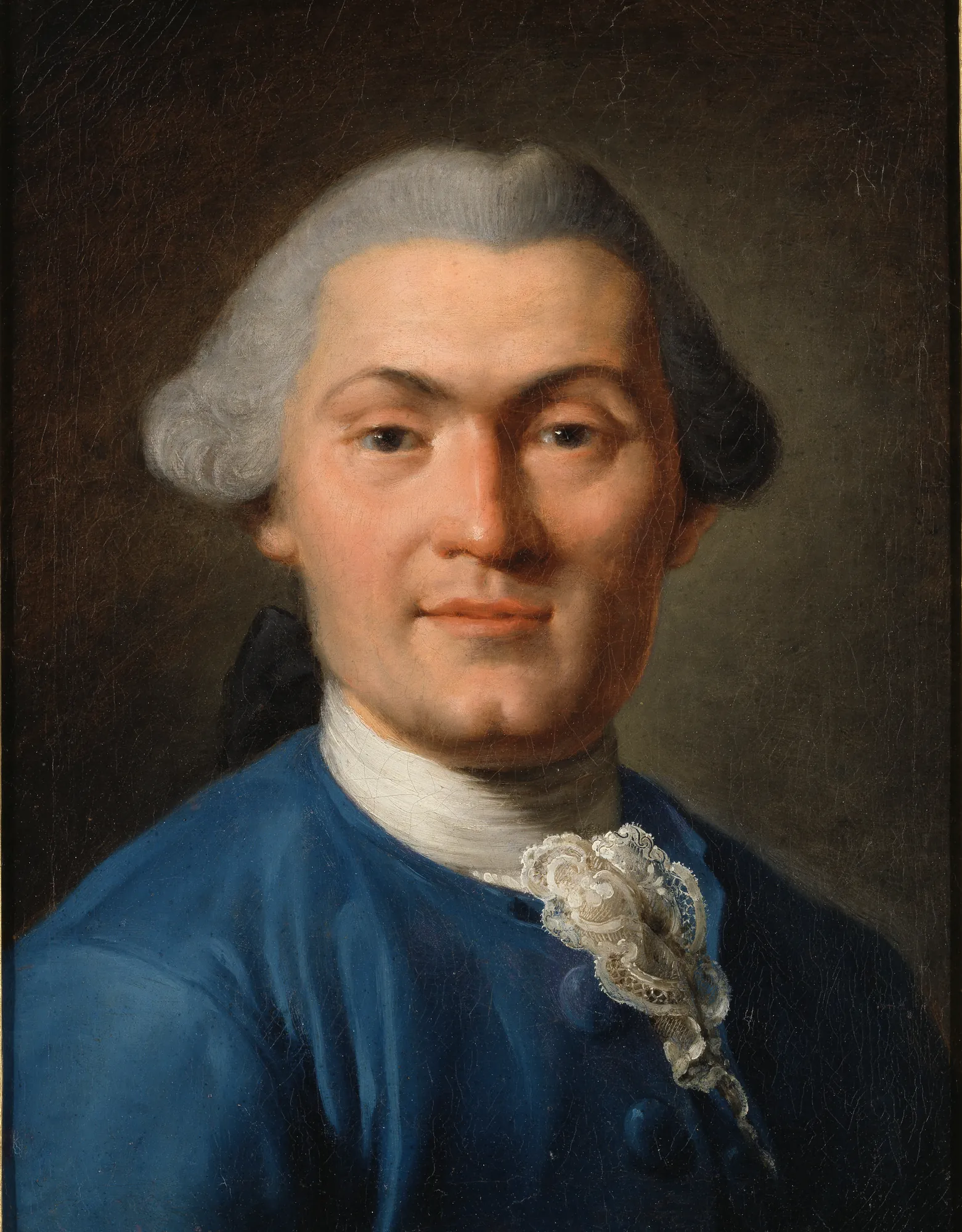 Bengt Ferrner Bengt Ferrner by Hugues Taraval. A waist-up portrait of a man in an 18th-century blue coat, powdered wig, and lace cravat against a dark background.
