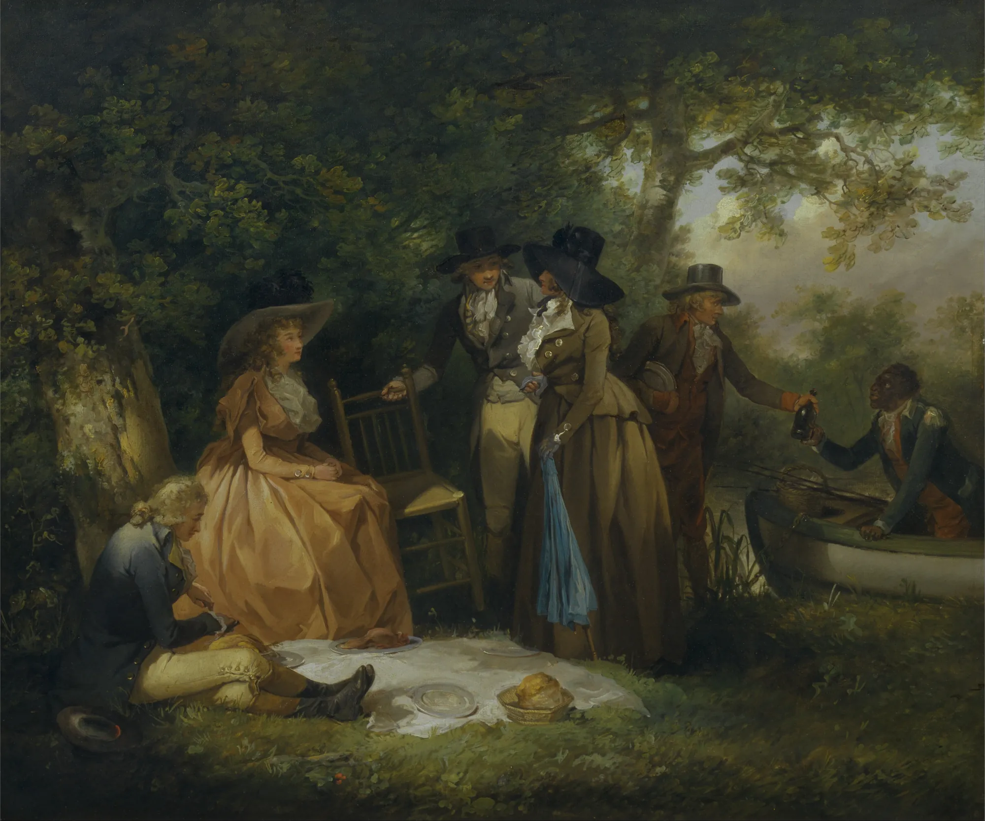 The Anglers' Repast The Anglers' Repast by George Morland. A group of elegantly dressed people enjoys a picnic lunch under the shade of trees beside a river with a small boat.