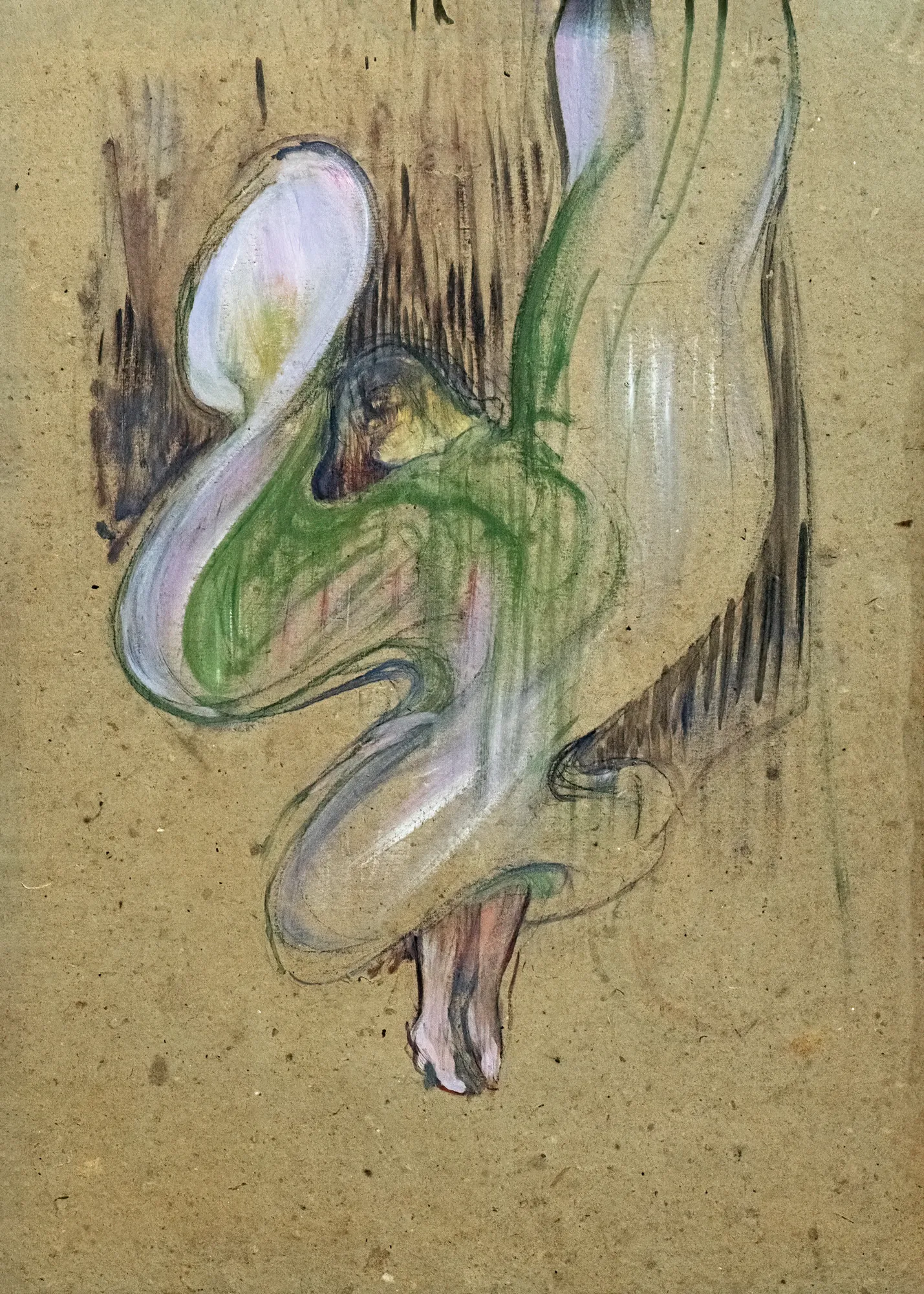 Loie Fuller at the Folies-Bergère Loie Fuller at the Folies-Bergère by Henri de Toulouse-Lautrec. An expressive, gestural study in green, lilac, and white depicting a dancer in mid-motion against a textured tan cardboard surface.