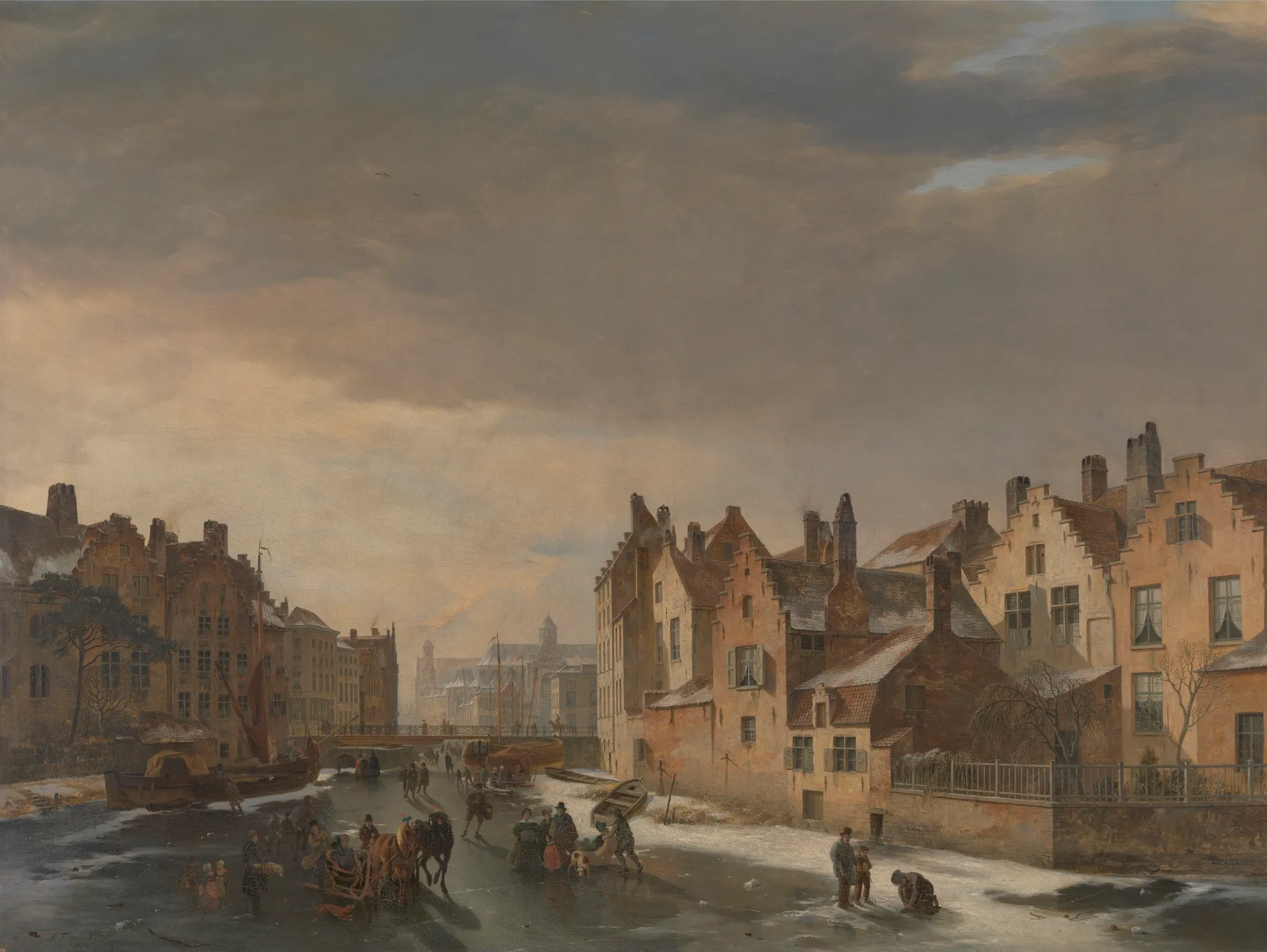 Winter Scene in Ghent Winter Scene in Ghent by Pieter-Frans De Noter. A detailed painting of life on a frozen canal in Ghent, featuring brick buildings and numerous figures on the ice.