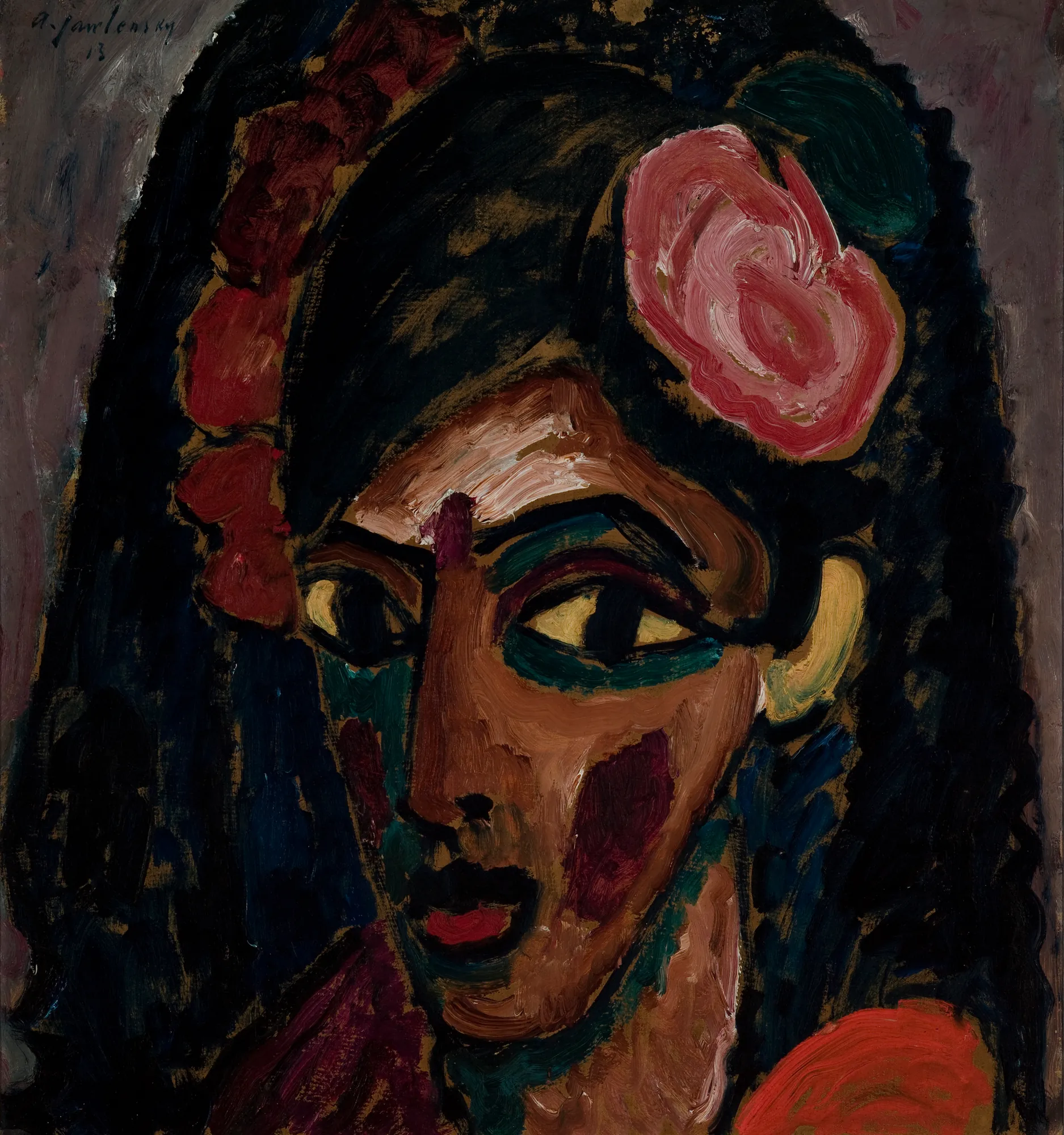 Egyptian Girl Egyptian Girl by Alexej von Jawlensky. An expressionist portrait of a woman with large, almond-shaped eyes and colorful flowers tucked into her dark hair.