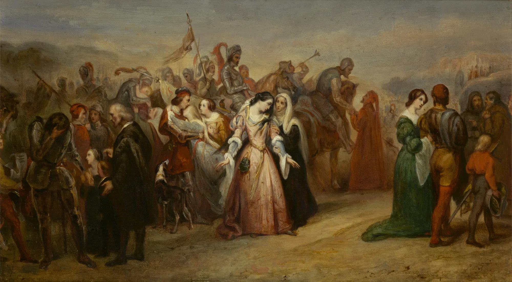 Lenore: The Return of the Army Lenore: The Return of the Army by Ary Scheffer. A large crowd of soldiers and civilians in medieval attire gather as troops return from war, centered on a distraught woman in a pink dress.