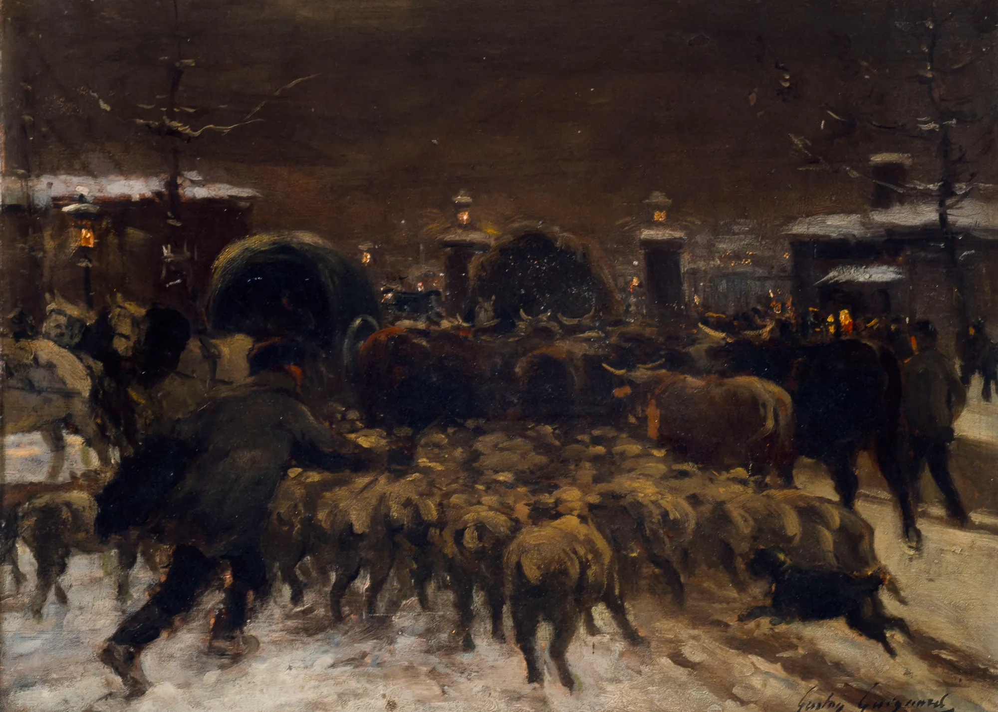 Entrée des Troupeaux à Paris Entrée des Troupeaux à Paris by Gaston Guignard. A shepherd leads a dense flock of sheep and several cattle through a dark, snowy city street at night under dim lamp light.
