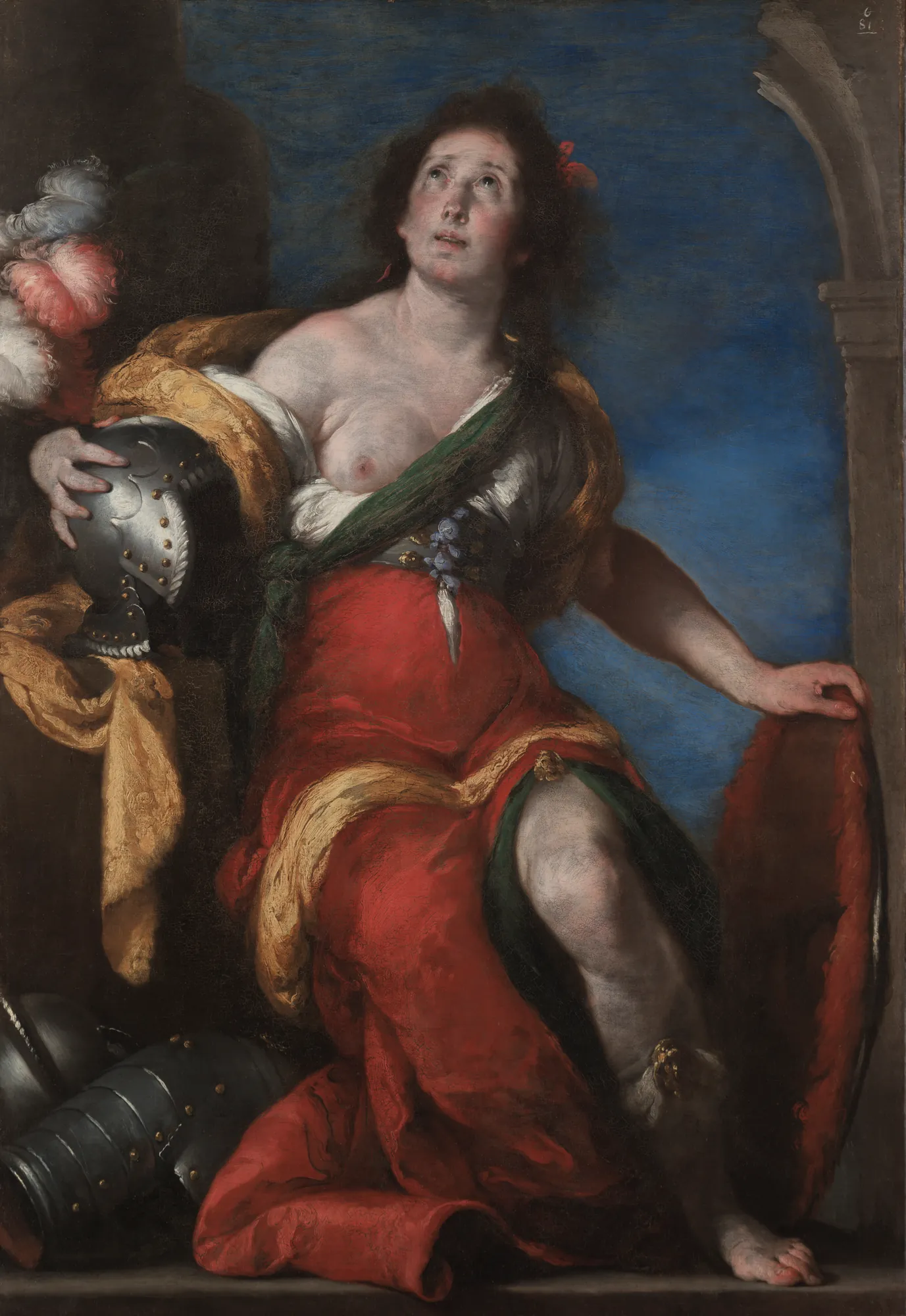 Allegorical Figure Allegorical Figure by Bernardo Strozzi. A seated woman in dramatic red and gold drapery looks upward with an emotional expression, accompanied by a suit of armor.