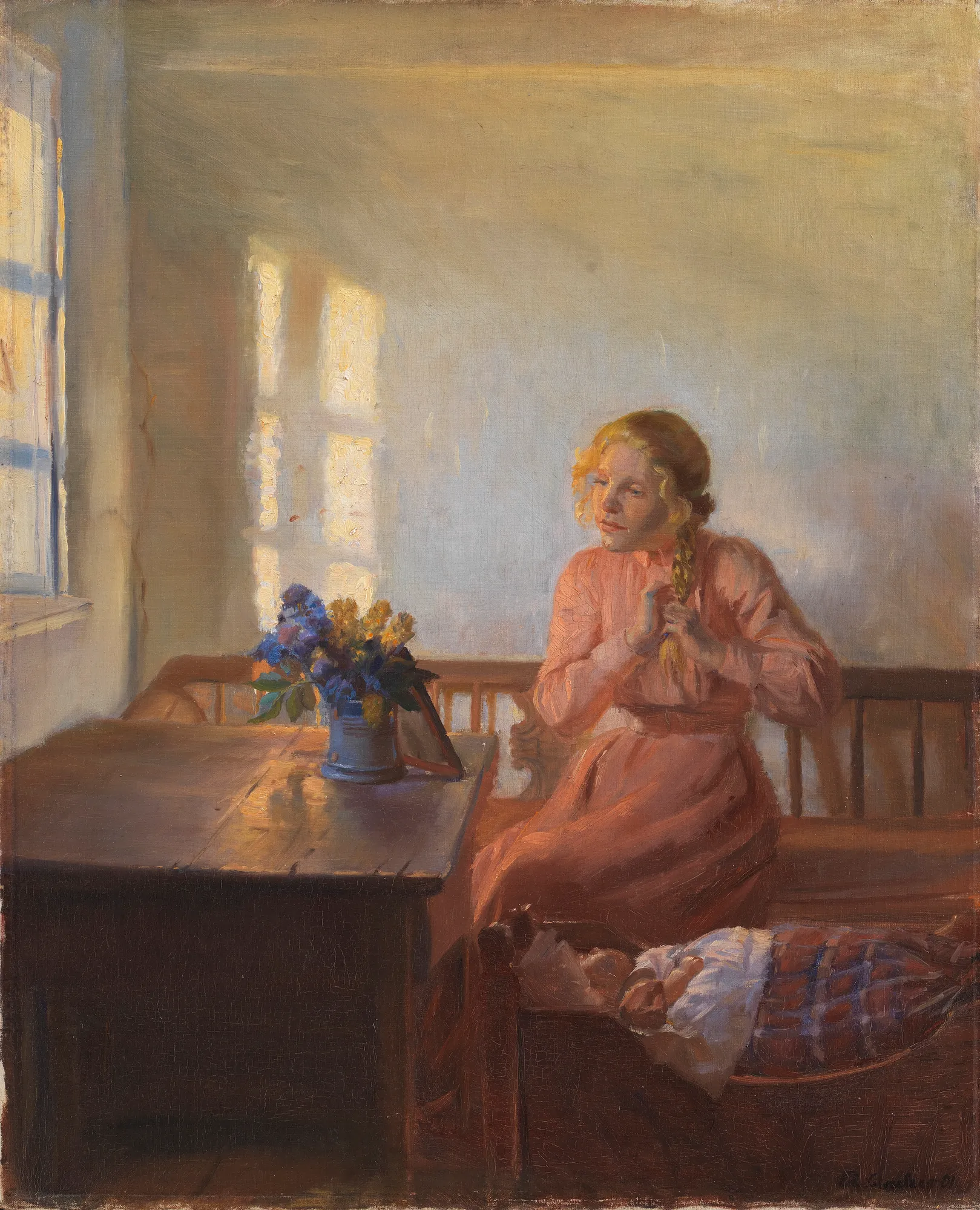 A Young Girl Plaiting her Hair