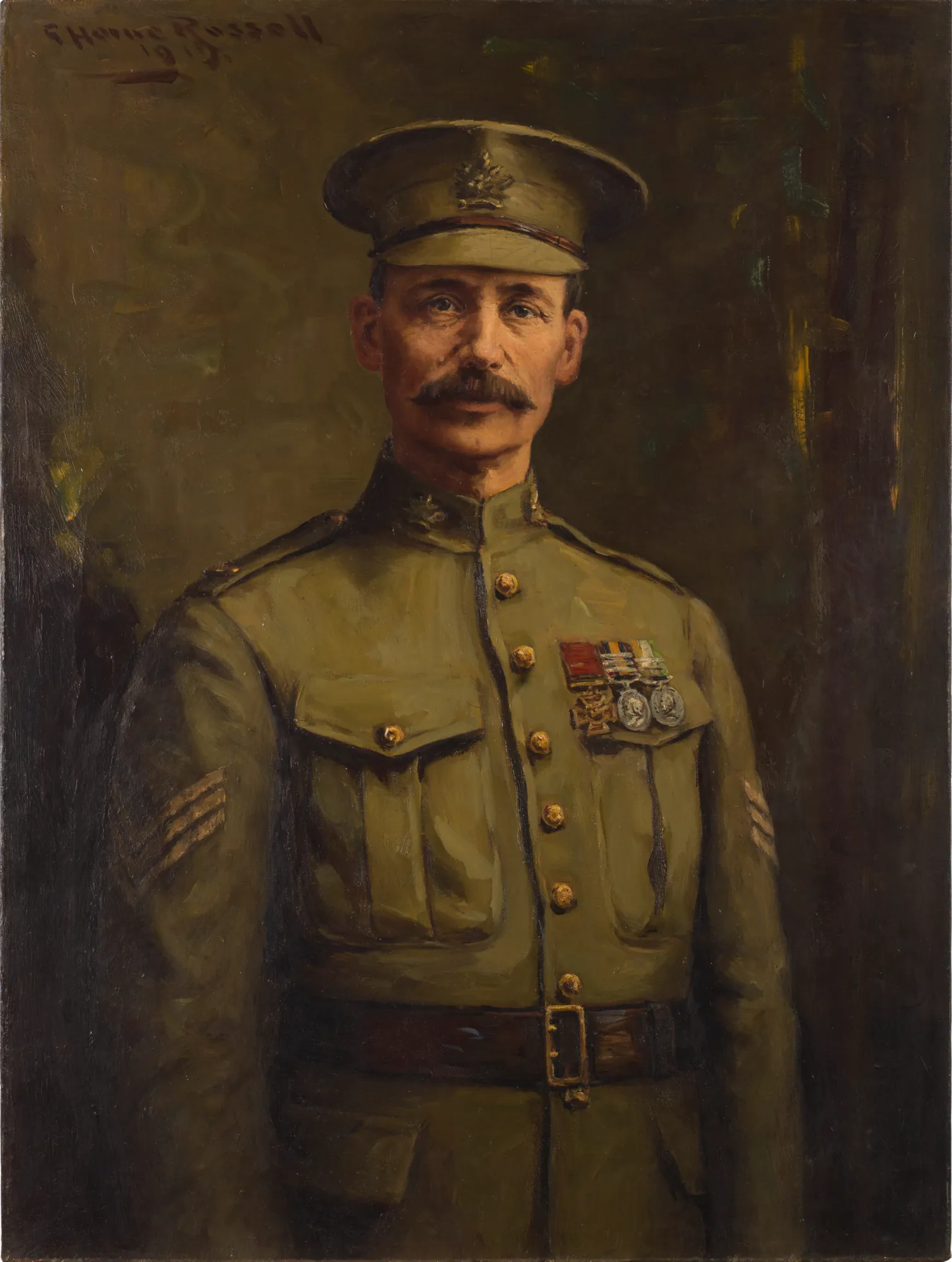 Sergeant Frederick Hobson Sergeant Frederick Hobson by George Horne Russell. A formal oil portrait of a moustachioed British sergeant in a khaki uniform, adorned with medals, against a dark, atmospheric background.