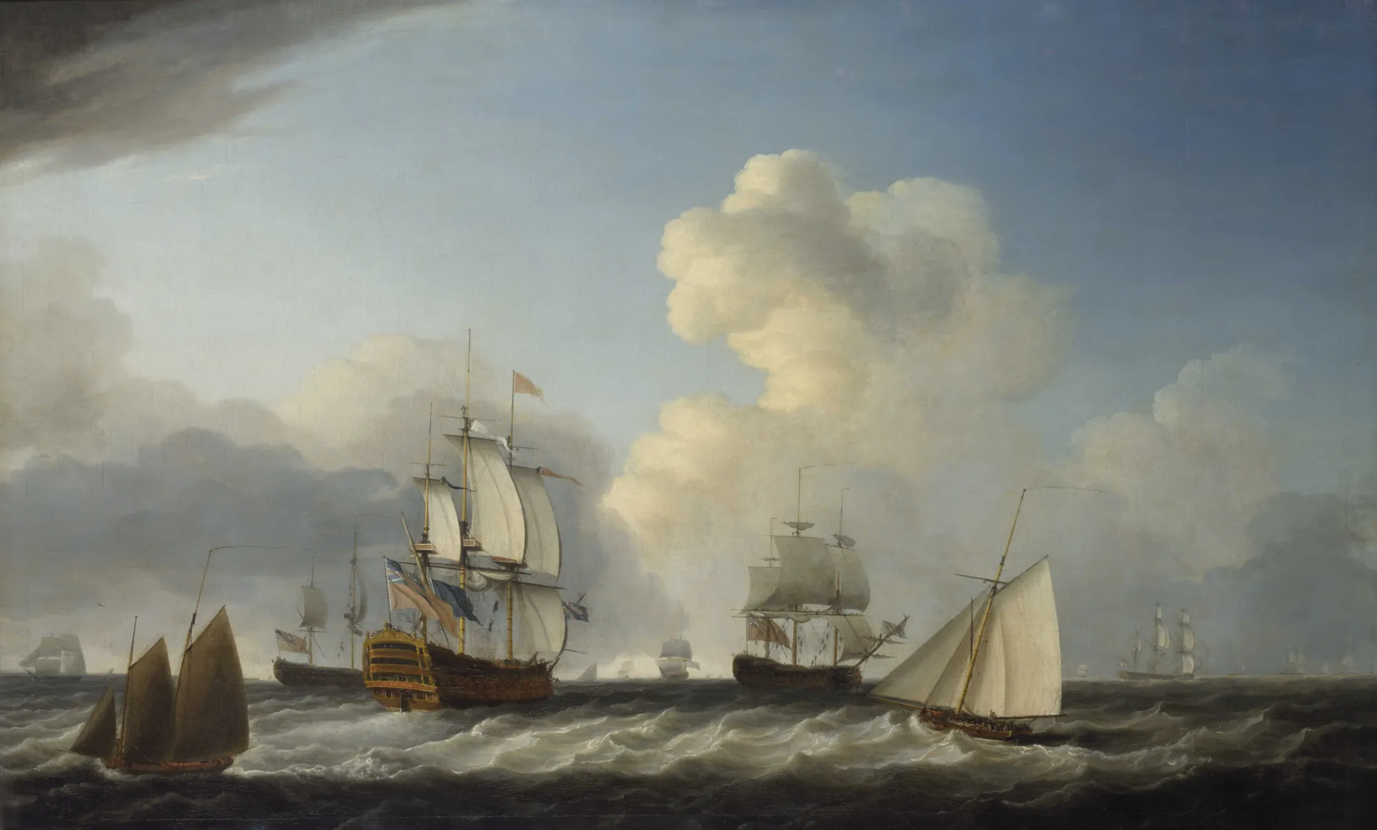 The 'St George' with Other Vessels The 'St George' with Other Vessels by Dominic Serres. A grand maritime scene depicting the British naval ship 'St George' alongside other sailing vessels on a choppy sea under an expansive, cloudy sky.