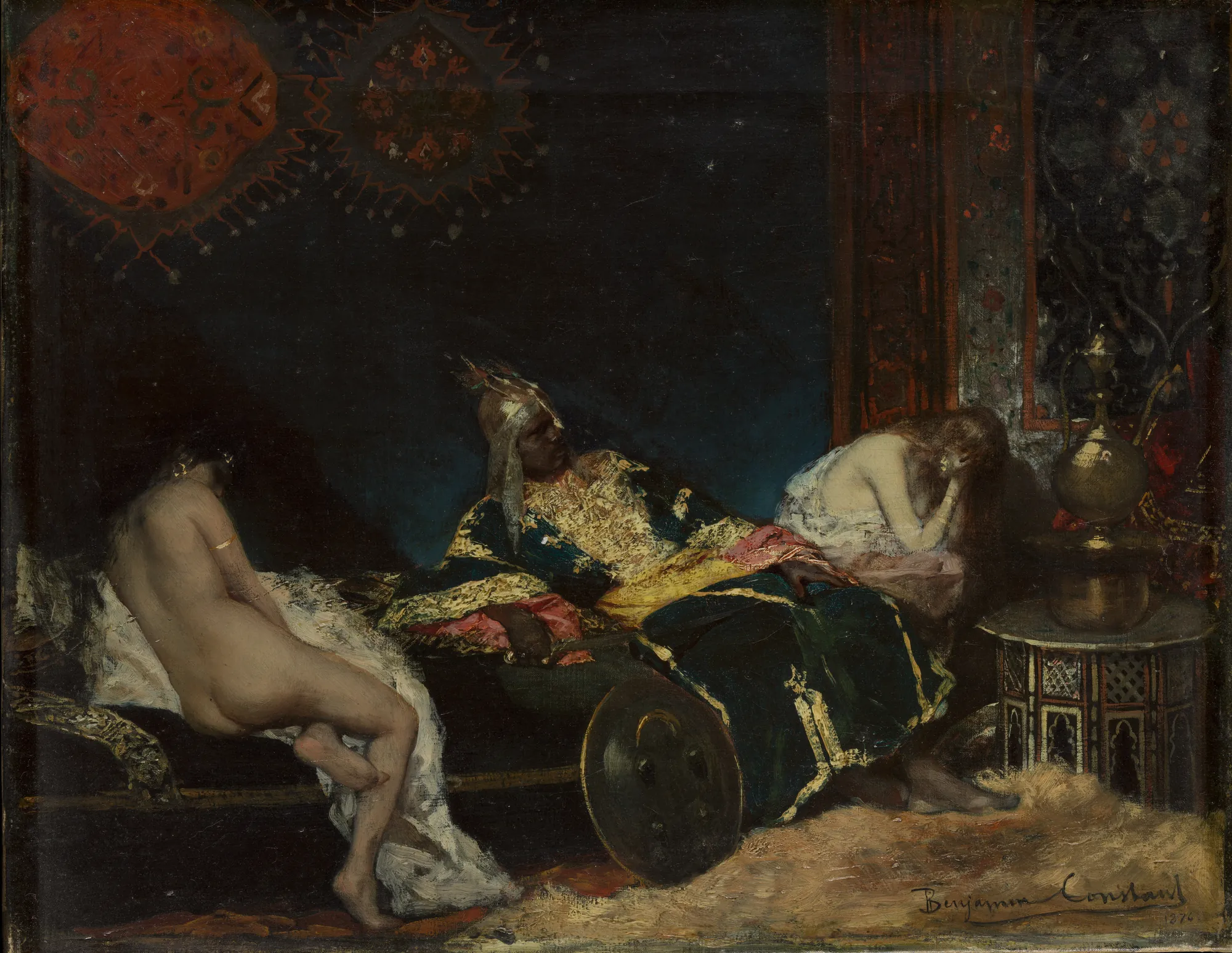 The Serbian Concubine (Un Envoi de Serbie) The Serbian Concubine (Un Envoi de Serbie) by Jean-Joseph Benjamin-Constant. In a dimly lit, ornate interior, a man in luxurious blue and gold robes reclines between two women, one seen from the back and another resting her head on her hand.