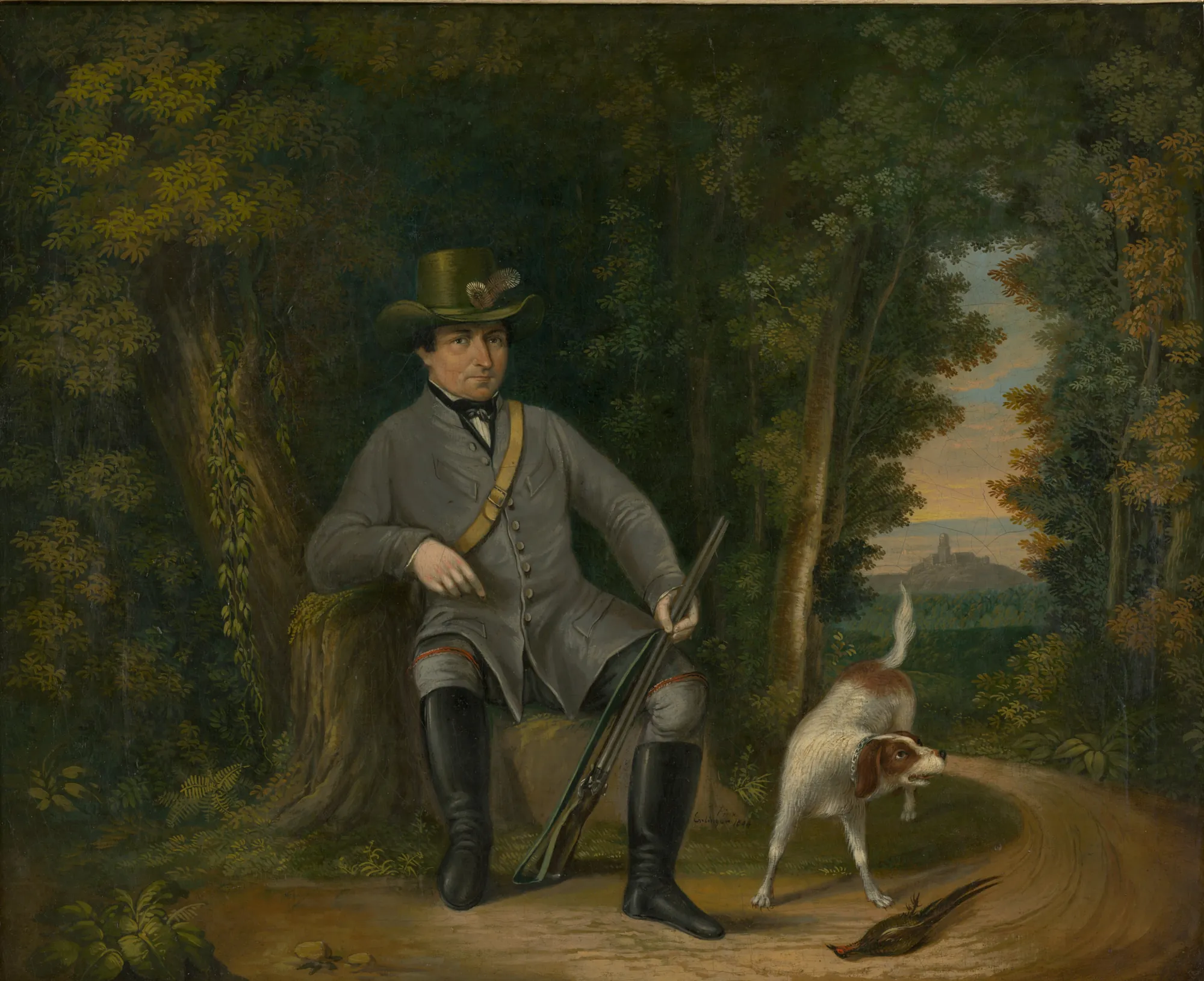 On the Hunt On the Hunt by Unknown Artist. A seated hunter in 19th-century attire rests in a dense forest accompanied by his dog and a fallen pheasant.