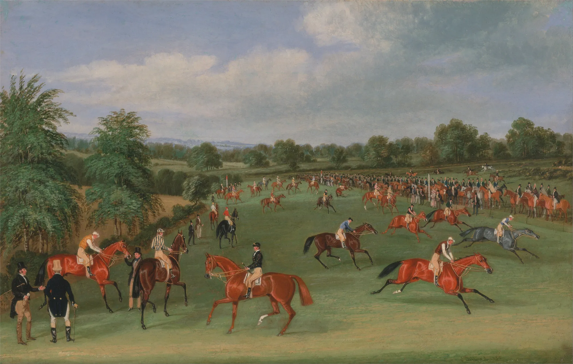 Epsom Races: Preparing to Start Epsom Races: Preparing to Start by James Pollard. A dynamic landscape scene depicting numerous horses and jockeys in colorful silks across the green expanse of Epsom Downs.