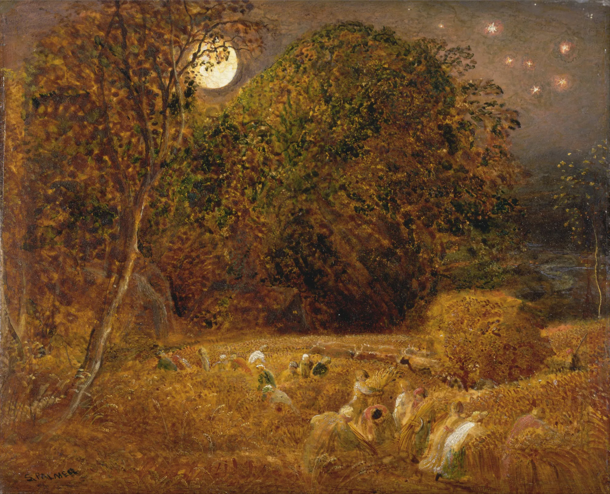 The Harvest Moon The Harvest Moon by Samuel Palmer. A group of harvesters gather wheat in a golden field beneath a glowing full moon and starry night sky.