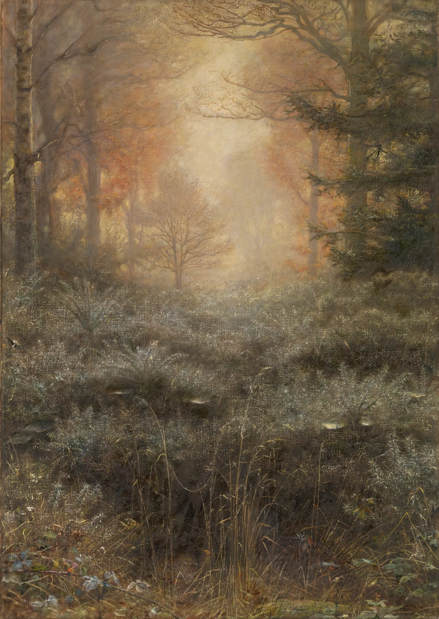 Dew-Drenched Furze Dew-Drenched Furze by John Everett Millais. A vertical landscape painting of a misty woodland clearing filled with dewy furze and gorse bushes under a glowing morning light.