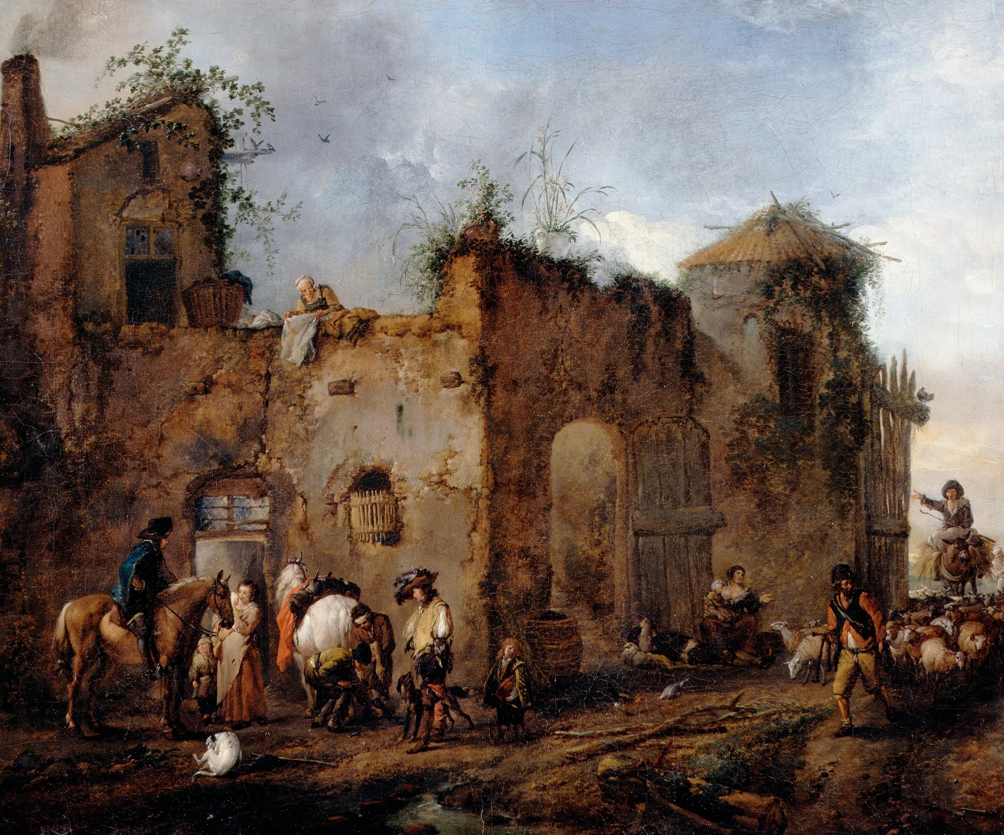 Courtyard with a Farrier Shoeing a Horse