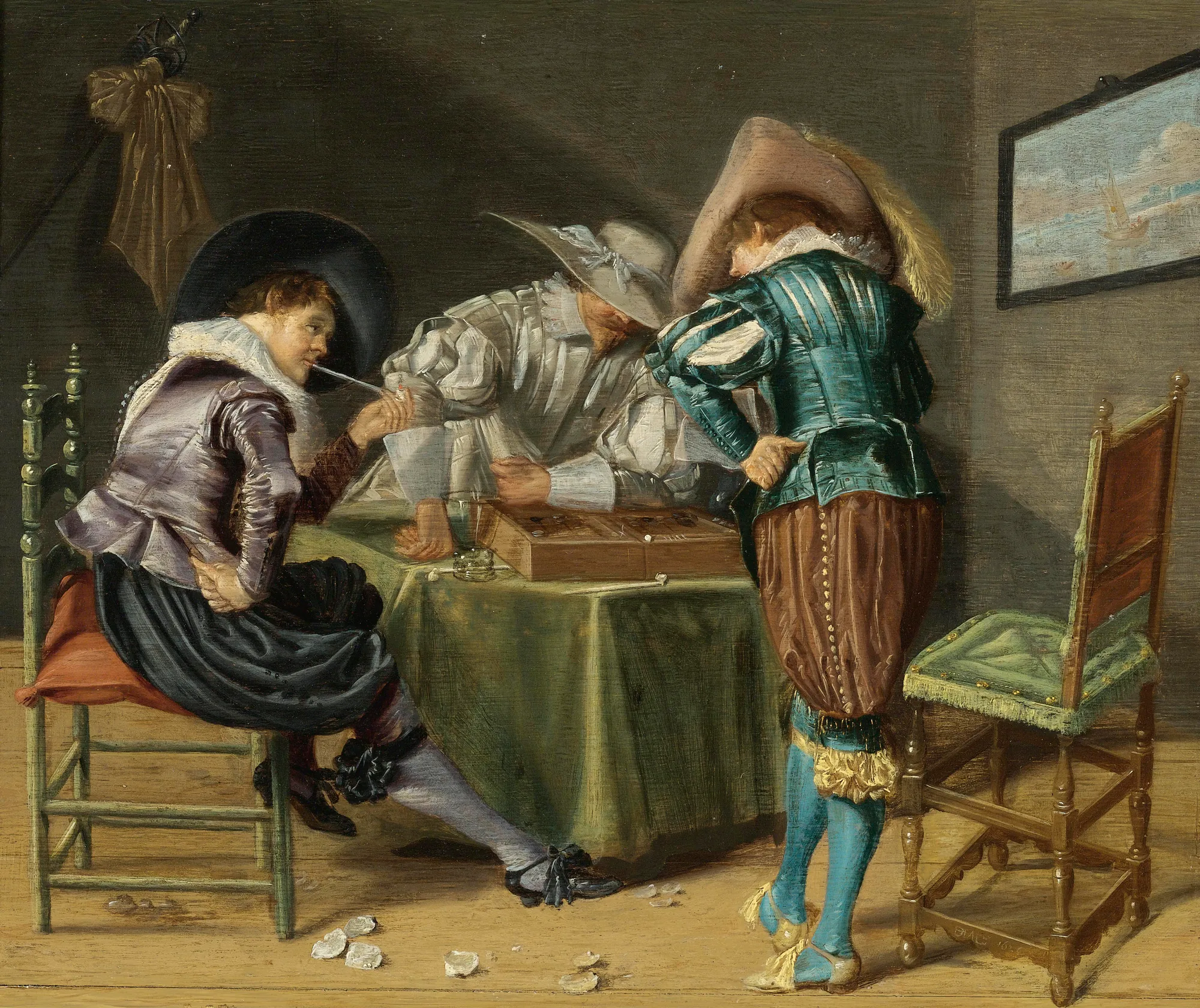 The Tric-Trac Players The Tric-Trac Players by Dirck Hals. Three men in elaborate 17th-century costumes are gathered around a table playing a game of backgammon in a dimly lit room.