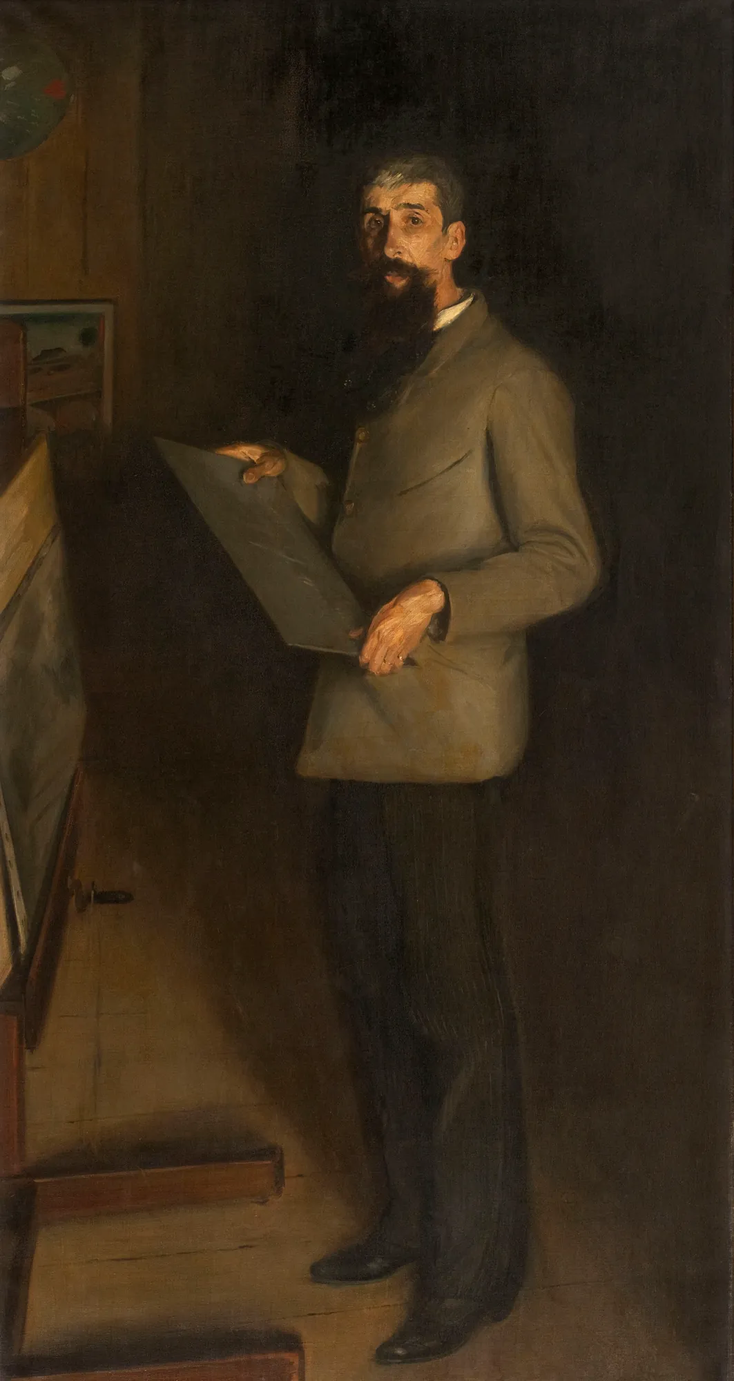 Portrait of Henri Guérard Portrait of Henri Guérard by Jacques-Émile Blanche. A full-length portrait of a bearded man in a tan jacket standing in a dimly lit artist's studio holding a portfolio.