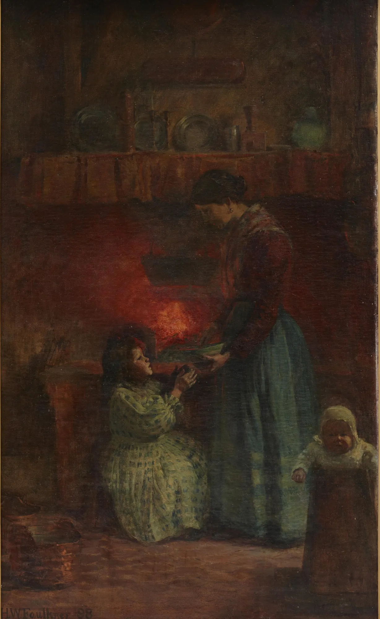 Gondolier's Kitchen Gondolier's Kitchen by Herbert W. Faulkner. A woman and two children are gathered in a dark, rustic kitchen illuminated by the warm, flickering glow of a central cooking hearth.