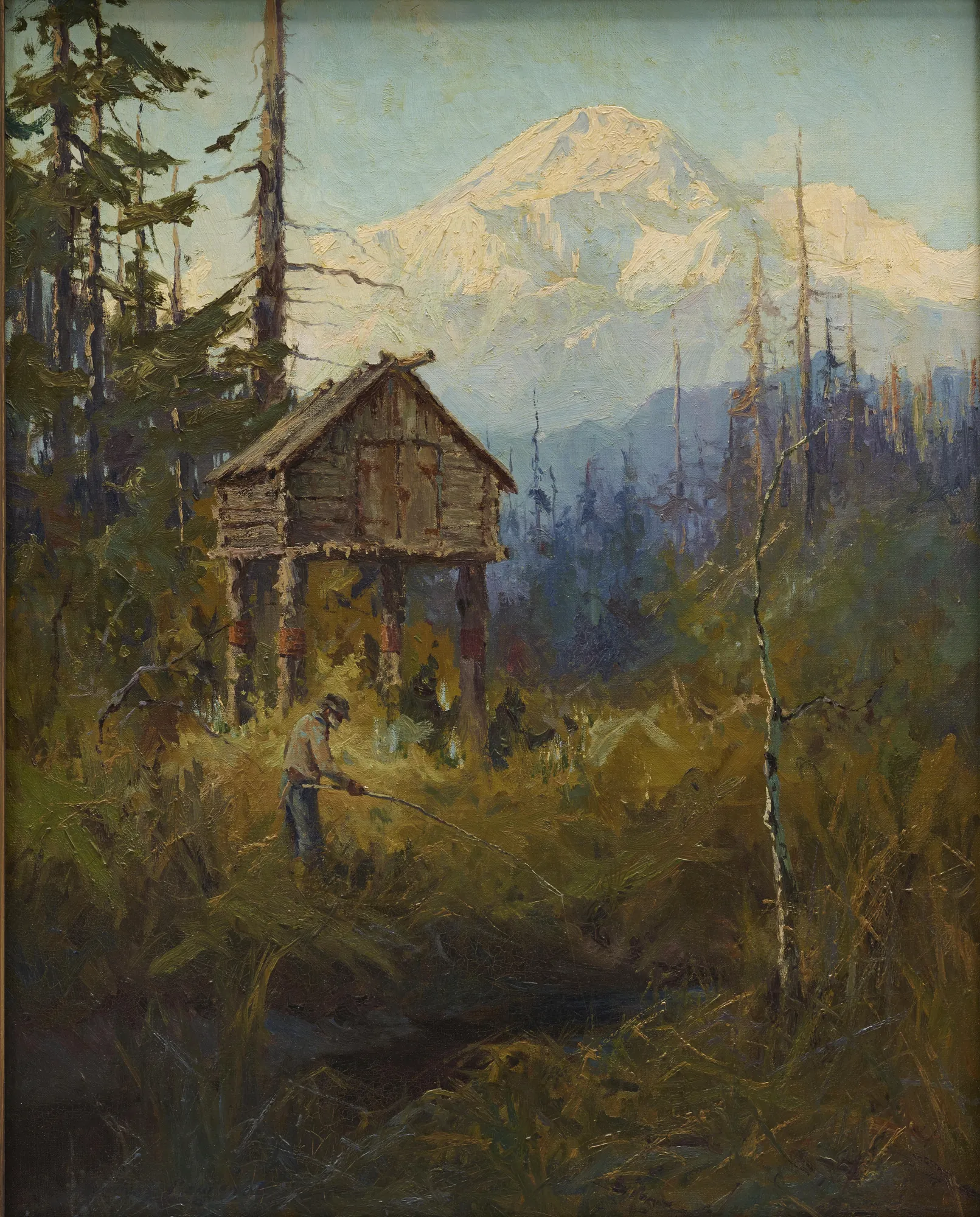The Streams Are Full of Them The Streams Are Full of Them by Sydney Laurence. An oil painting of a fisherman by a stream in the Alaskan wilderness, with a raised log cache nearby and a massive snow-capped mountain in the background.