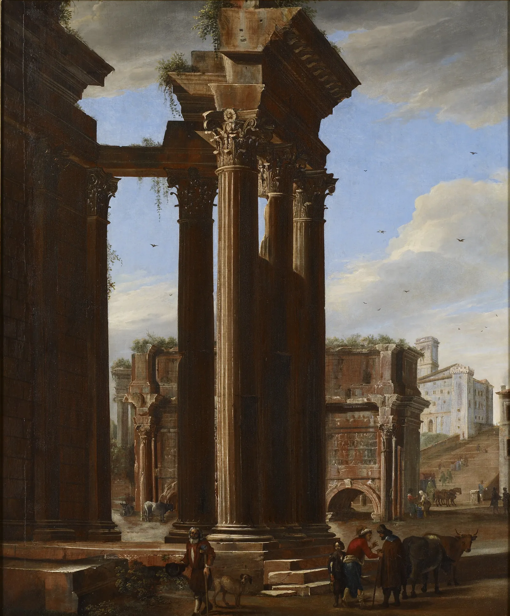 View in the Roman Forum View in the Roman Forum by Viviano Codazzi. A grand architectural capriccio depicting towering Corinthian columns and ruined arches under a bright blue sky with small figures and livestock in the foreground.