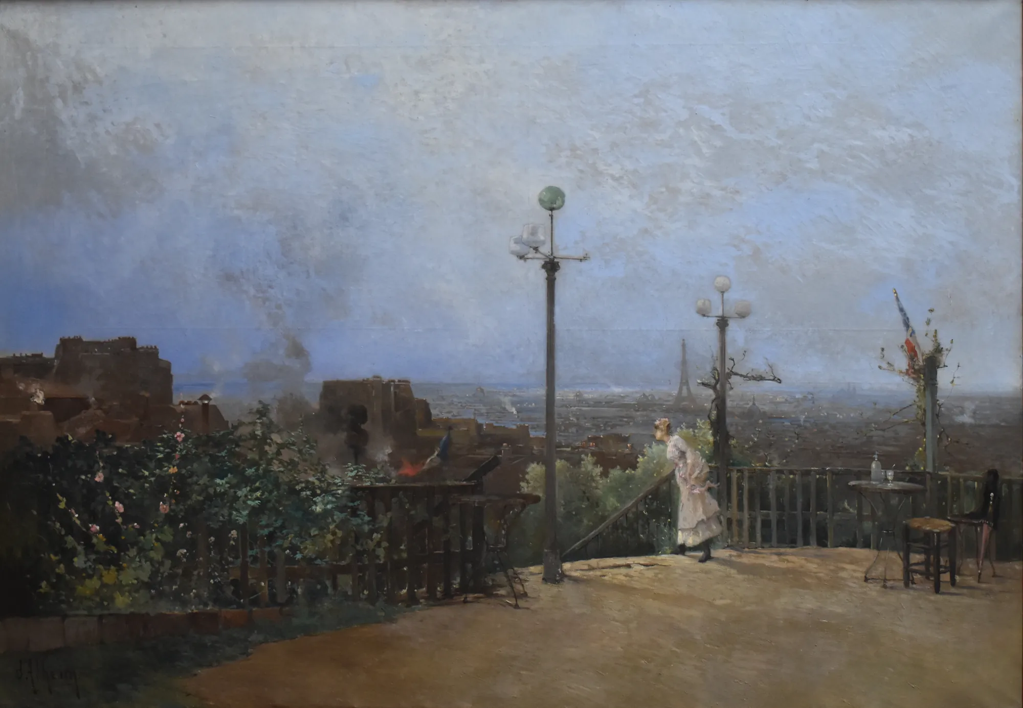 Paris from the Heights of Montmartre Paris from the Heights of Montmartre by Jean d'Alheim. A woman in a white dress stands on a terrace gazing out over a hazy, expansive cityscape of Paris under a broad, cloudy sky.