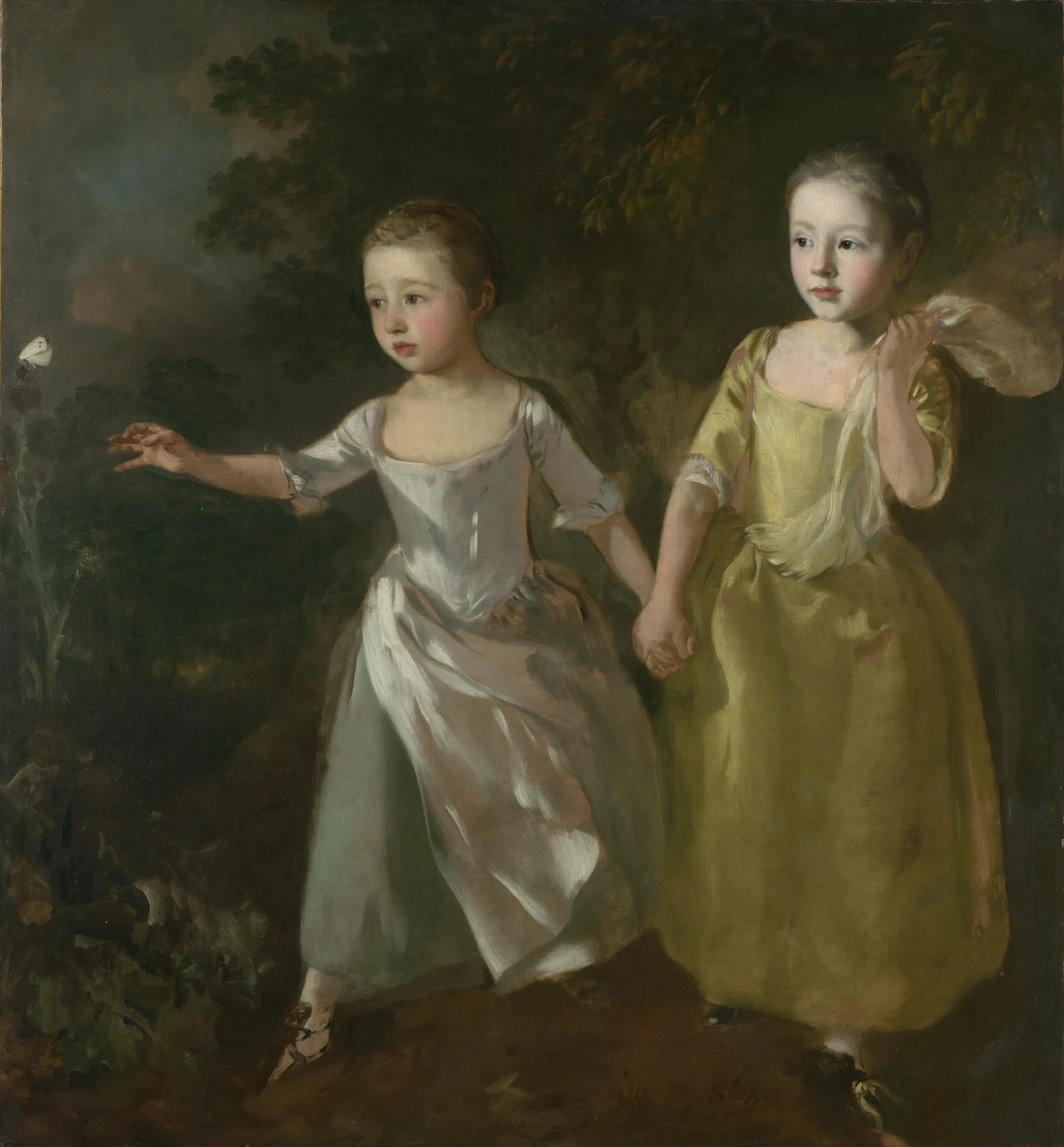 The Painter's Daughters Chasing a Butterfly The Painter's Daughters Chasing a Butterfly by Thomas Gainsborough. Two young girls in 18th-century dresses hold hands as they reach toward a white butterfly in a dark, atmospheric wooded landscape.
