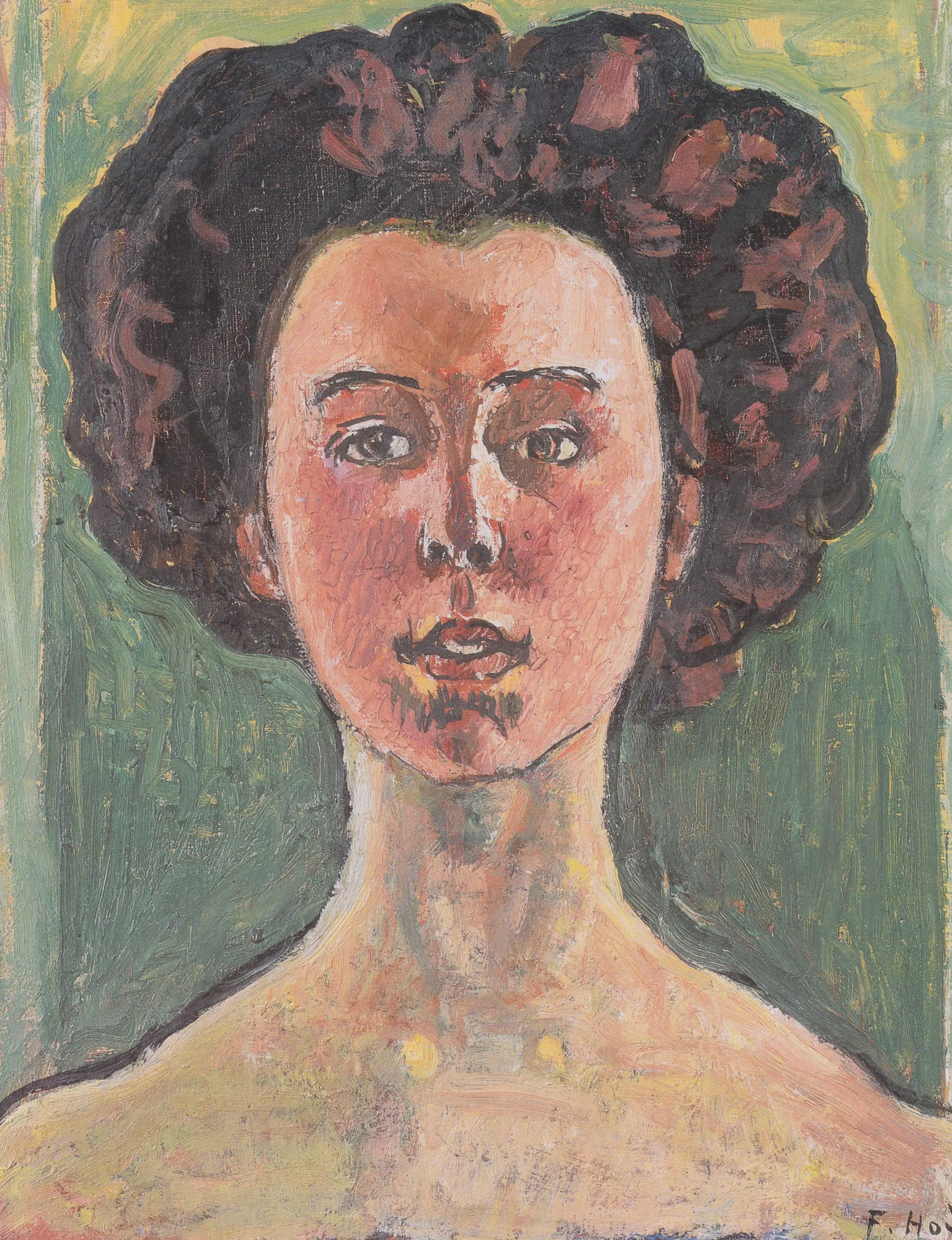 Portrait of Gertrud Müller Portrait of Gertrud Müller by Ferdinand Hodler. A front-facing oil portrait of a woman with dark, voluminous hair set against a textured pale green background.