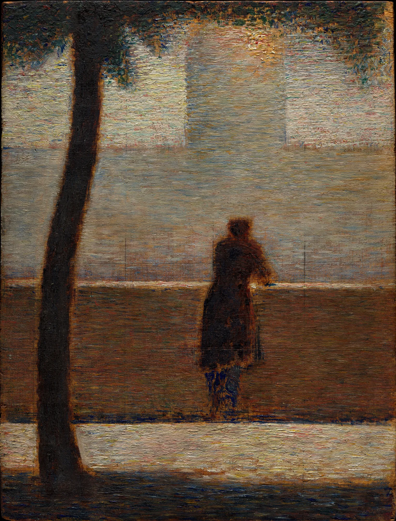 A Man Leaning on a Parapet A Man Leaning on a Parapet by Georges Seurat. A dark, silhouetted man leans against a horizontal parapet next to a tall, dark tree trunk, set against a shimmering, hazy background.